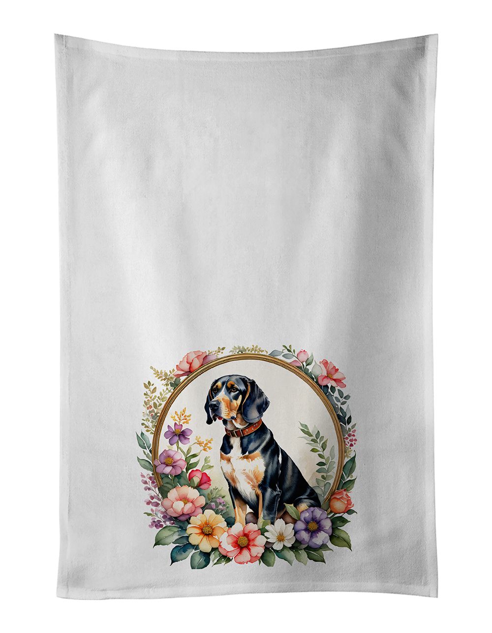 American English Coonhound and Flowers Kitchen Towel Set of 2 White Dish Towels Decorative Bathroom Hand towel for Hand, Face, Hair, Yoga, Tea, Dishcloth, 19 X 28", White