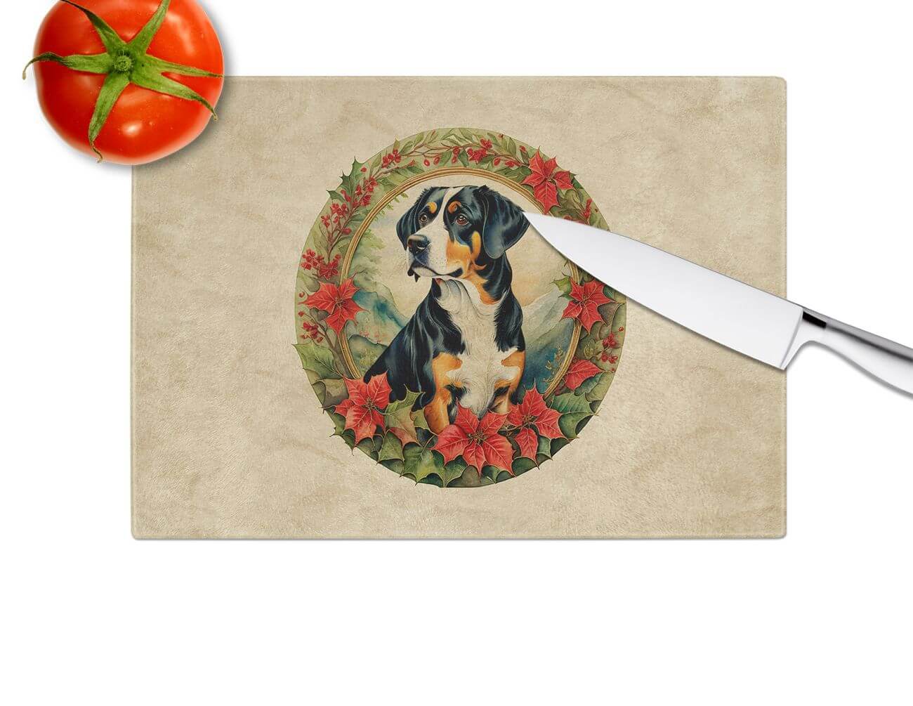 NEW Entlebucher Mountain Dog Christmas Flowers Glass Cutting Board Decorative Tempered Glass Kitchen Cutting and Serving Board Large Size Chopping Board