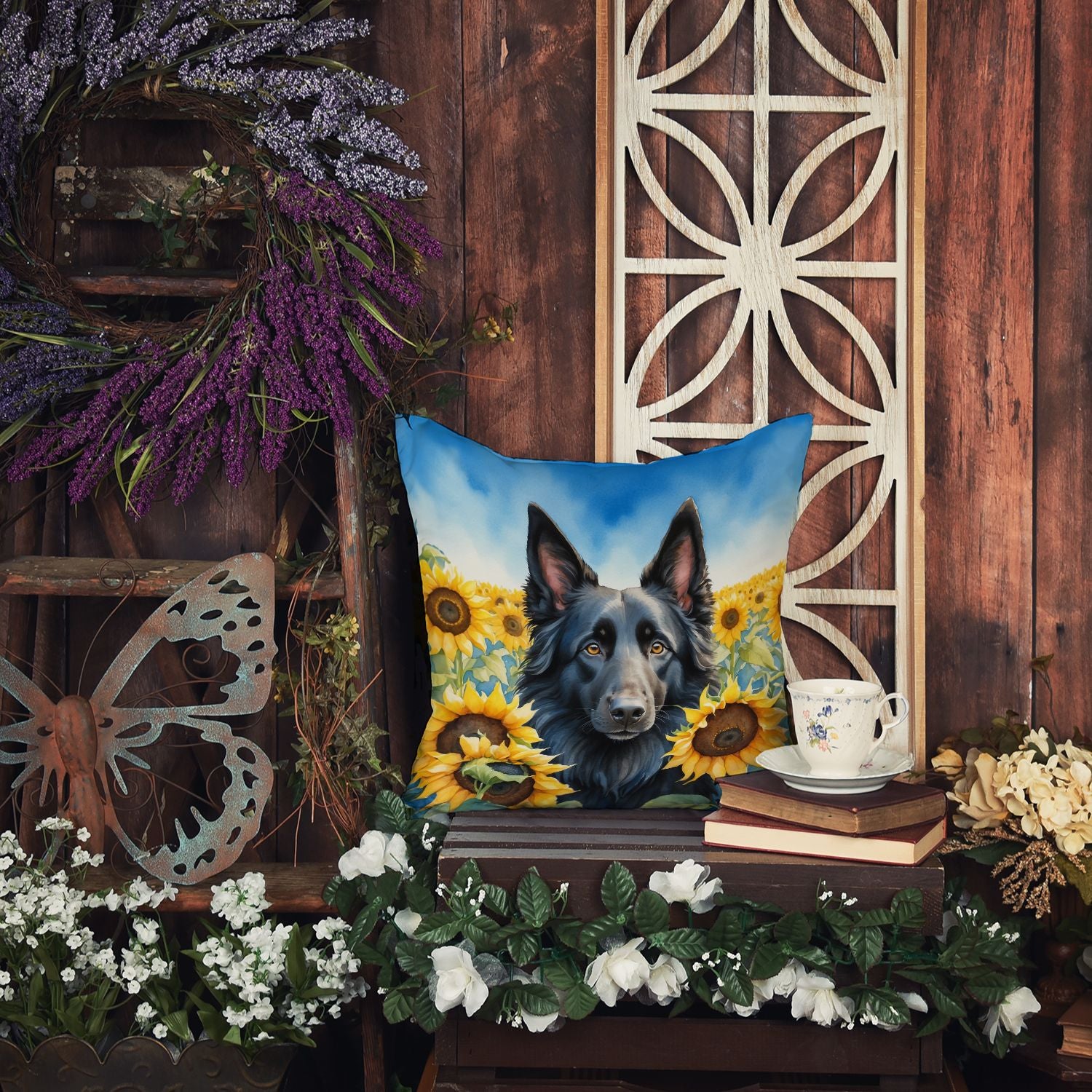 Belgian Sheepdog in Sunflowers Throw Pillow Machine Washable, Indoor Outdoor Decorative Pillow for Couch, Bed or Patio, 14Hx14W