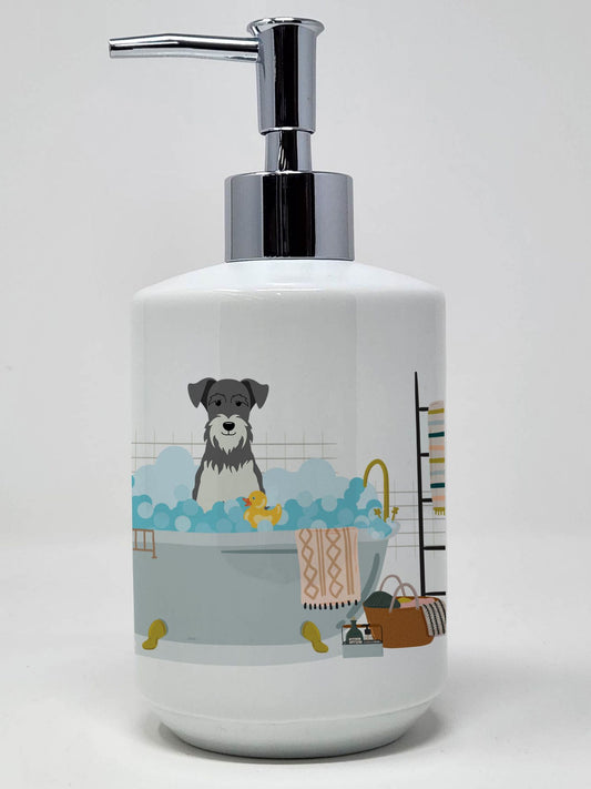 Salt and Pepper Miniature Schnauzer in Bathtub Ceramic Soap Dispenser Hand Soap Dispenser Pump Bottles for Bathroom Kitchen, Empty Refillable Liquid Soap Container
