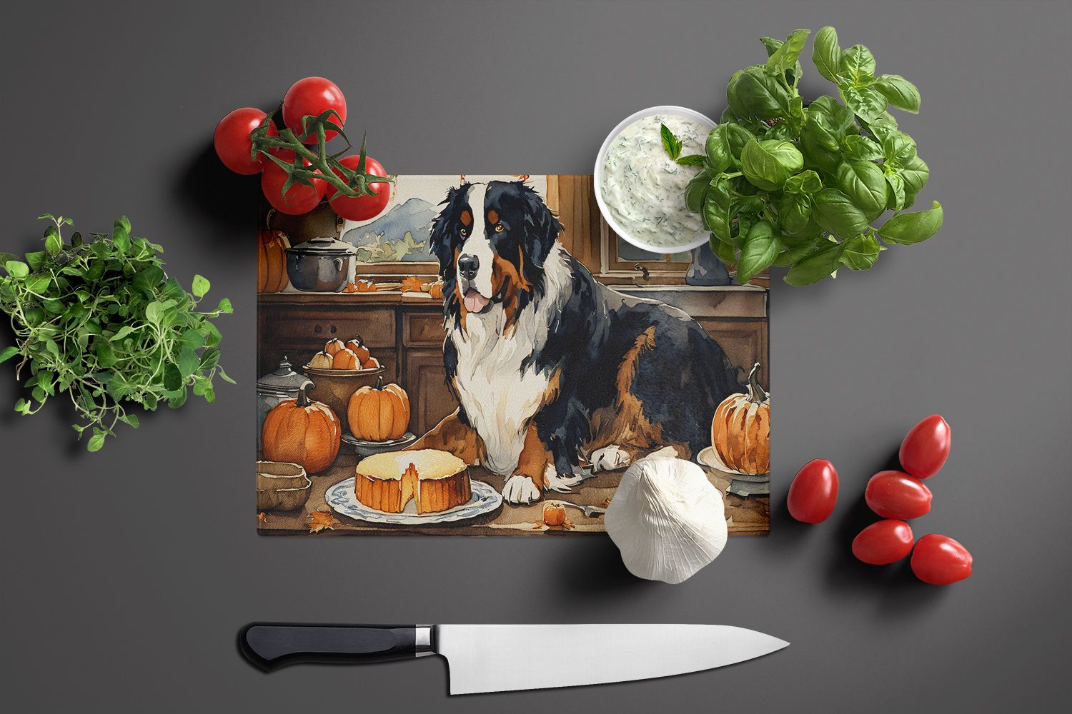 NEW Bernese Mountain Dog Fall Kitchen Pumpkins Glass Cutting Board Decorative Tempered Glass Kitchen Cutting and Serving Board Large Size Chopping Board