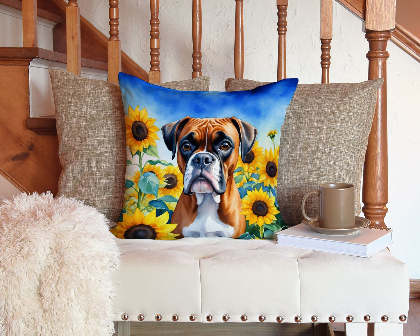 Boxer in Sunflowers Throw Pillow Machine Washable, Indoor Outdoor Decorative Pillow for Couch, Bed or Patio, 14Hx14W
