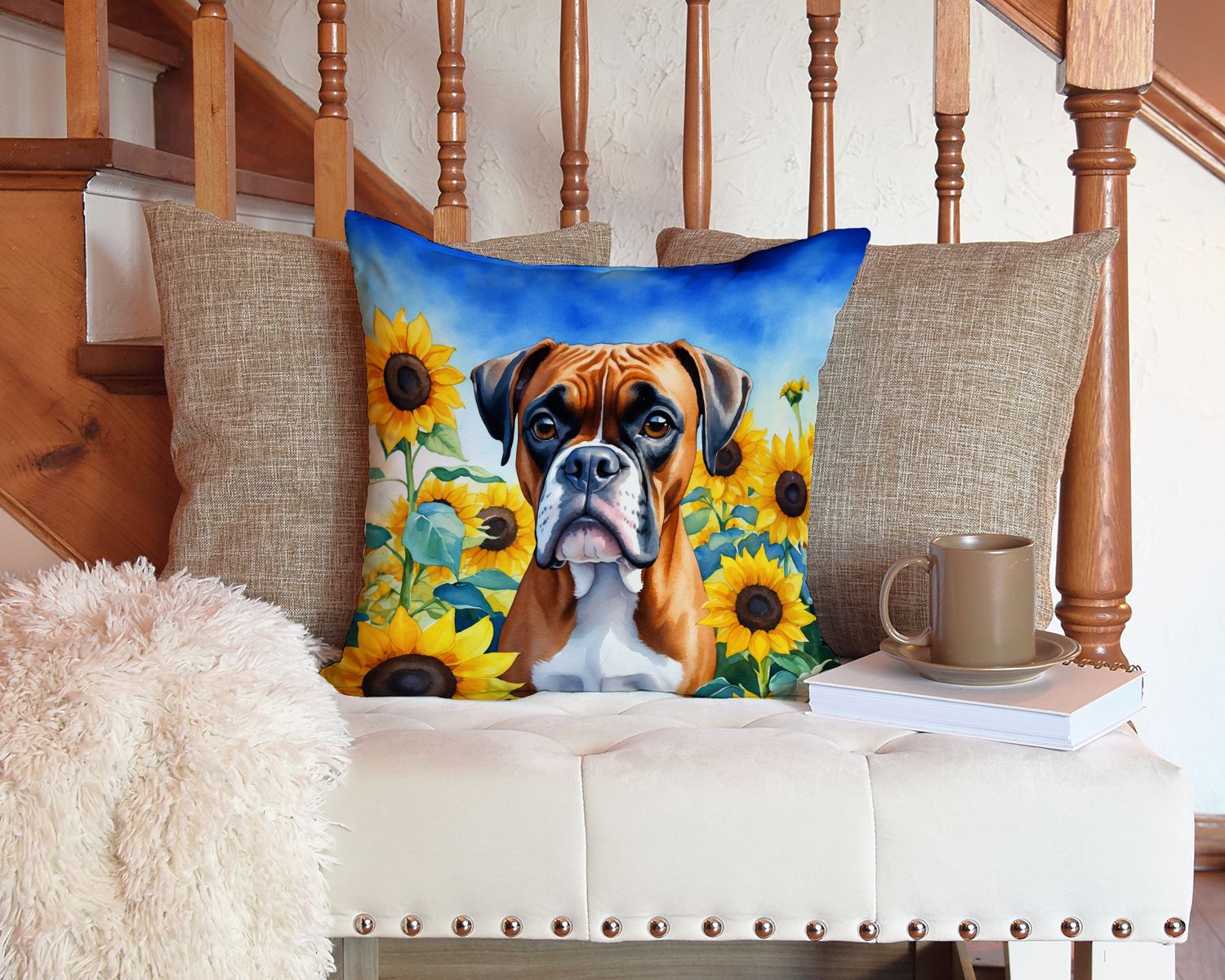 Boxer in Sunflowers Throw Pillow Machine Washable, Indoor Outdoor Decorative Pillow for Couch, Bed or Patio, 14Hx14W