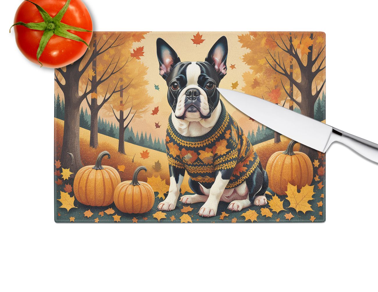 NEW Boston Terrier Fall Glass Cutting Board Decorative Tempered Glass Kitchen Cutting and Serving Board Large Size Chopping Board