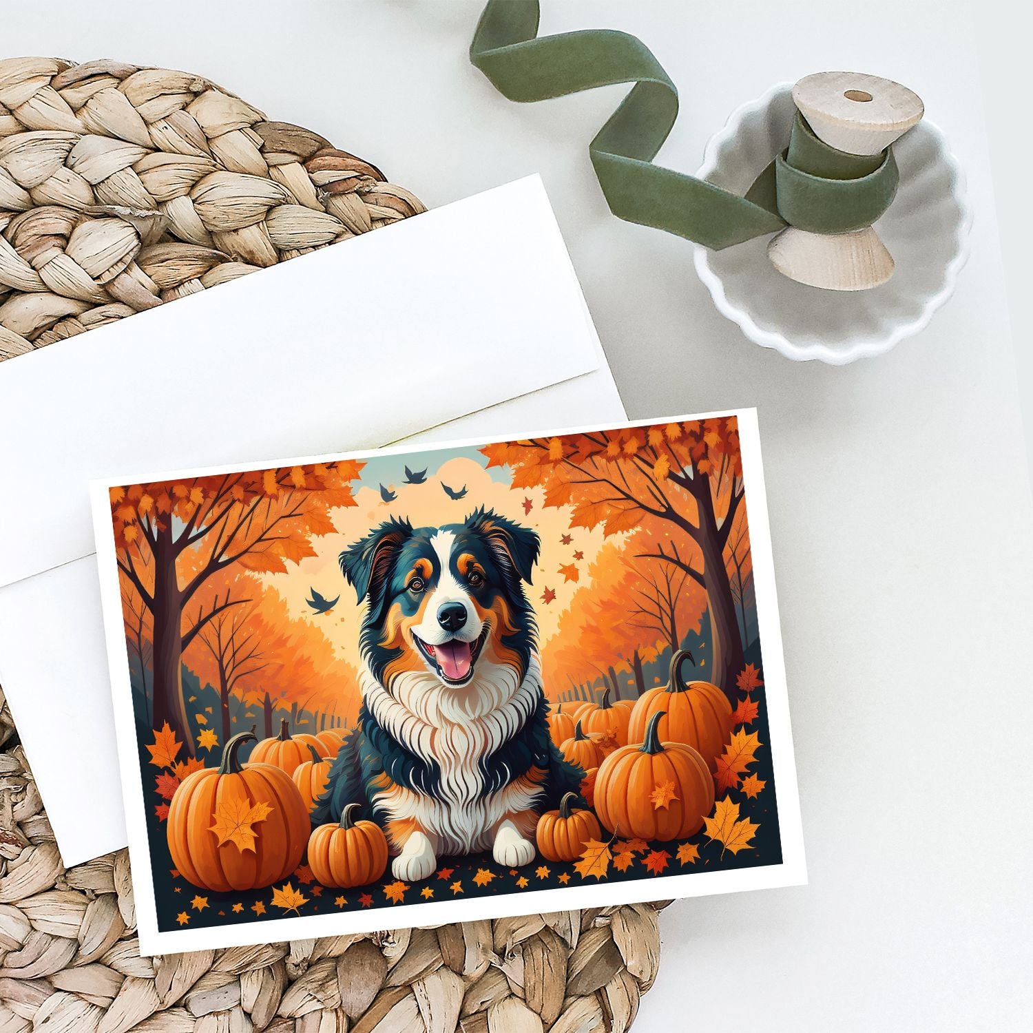 Australian Shepherd Terrier Fall Greeting Cards Pack of 8 Blank Cards with Envelopes Whimsical A7 Size 5x7 Blank Note Cards