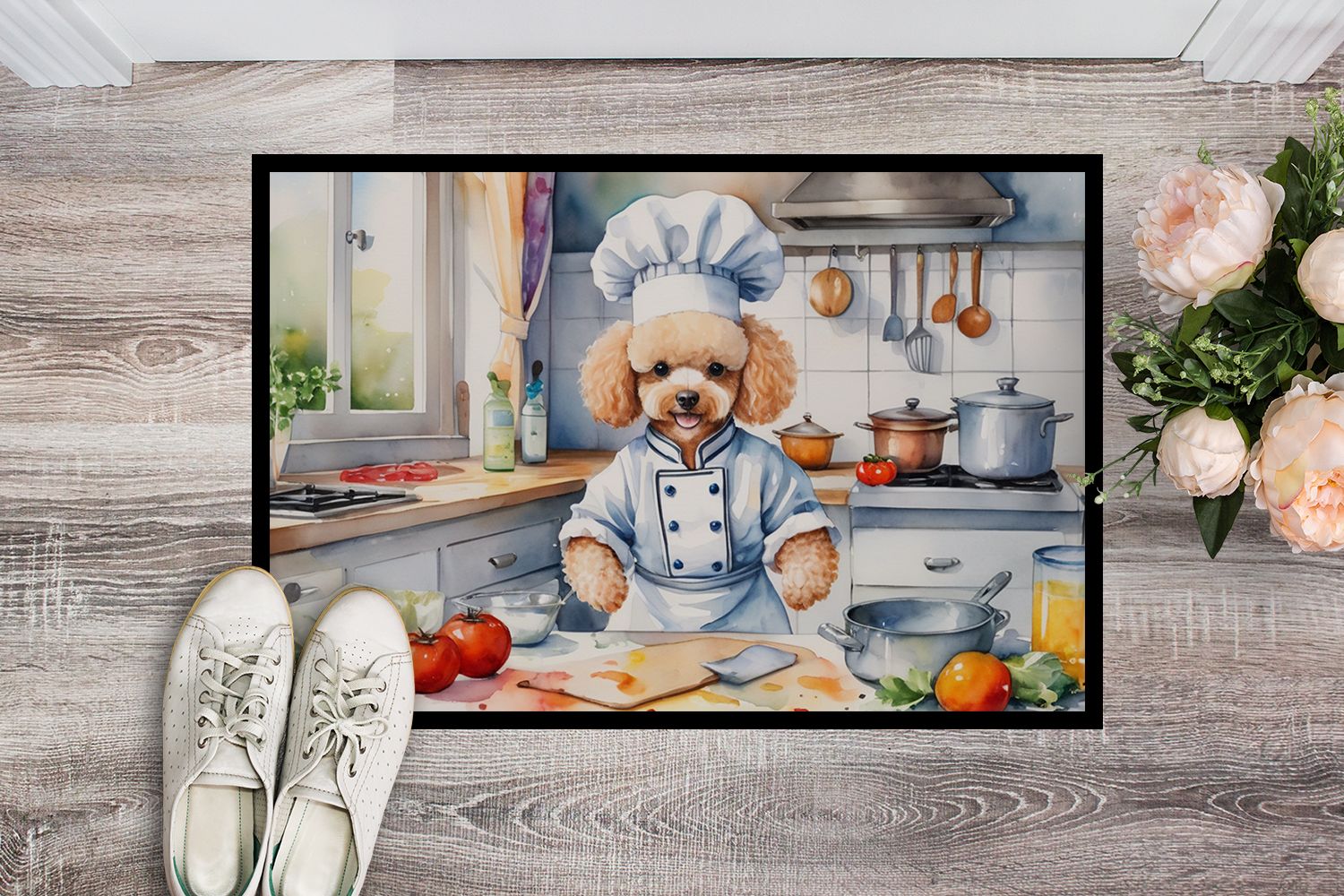 Poodle The Chef Doormat Front Door Mat Indoor Outdoor Rugs for Entryway, Non Slip Washable Low Pile, 24H X 36W