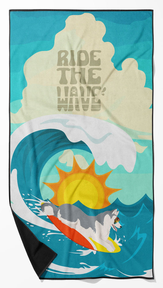 Surfer Dog Grey White Siberian Husky Premium Beach Towel Oversized Towel Beach Blanket, Pool, Beach Essentials, Yoga, Premium Bath Towel, Quick Dry Plush