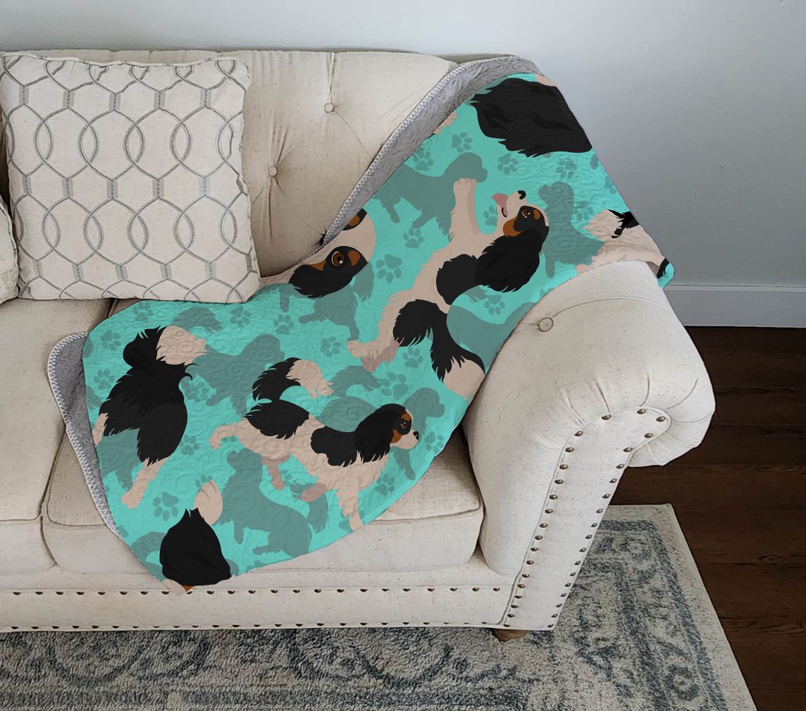Tricolor Cavalier Spaniel Quilted Blanket 50x60 Artwork Pattern Quilted Throw Blanket for Bed, Couch, Sofa, Soft and Lightweight