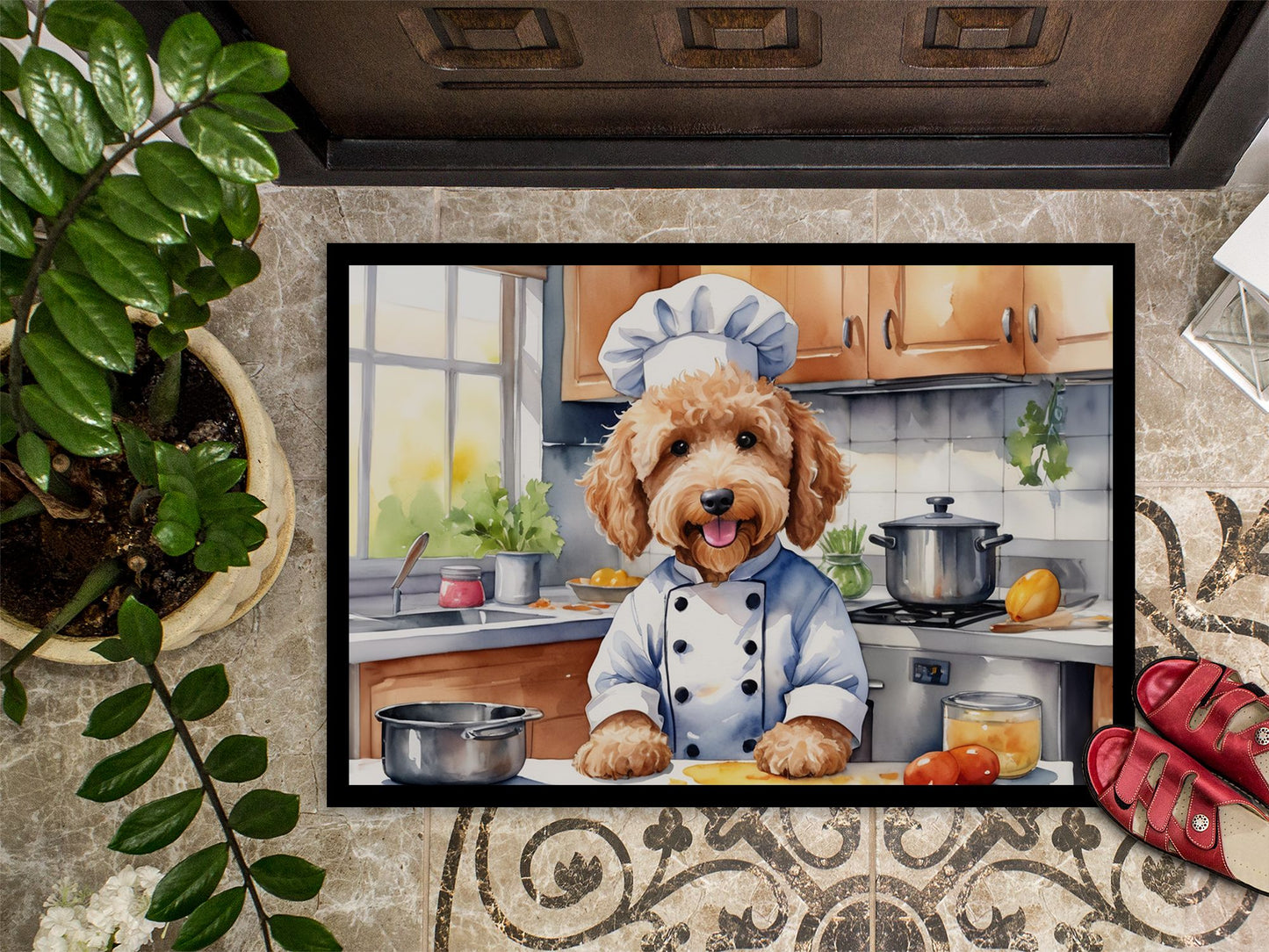Goldendoodle The Chef Doormat Front Door Mat Indoor Outdoor Rugs for Entryway, Non Slip Washable Low Pile, 24H X 36W