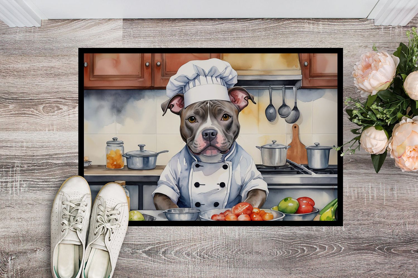 Pit Bull Terrier The Chef Doormat Front Door Mat Indoor Outdoor Rugs for Entryway, Non Slip Washable Low Pile, 24H X 36W