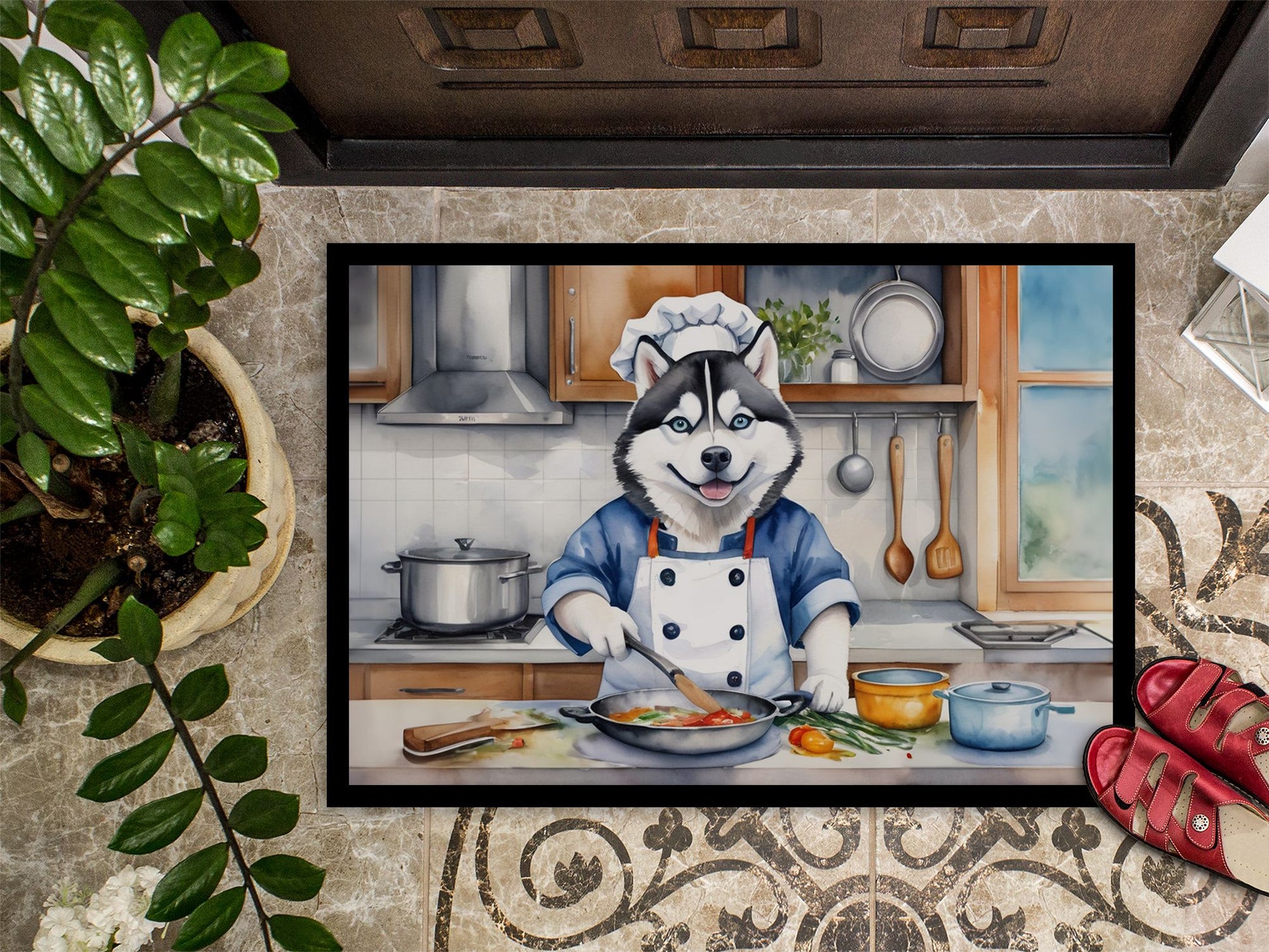NEW Siberian Husky The Chef Doormat Front Door Mat Indoor Outdoor Rugs for Entryway, Non Slip Washable Low Pile, 18H X 27W