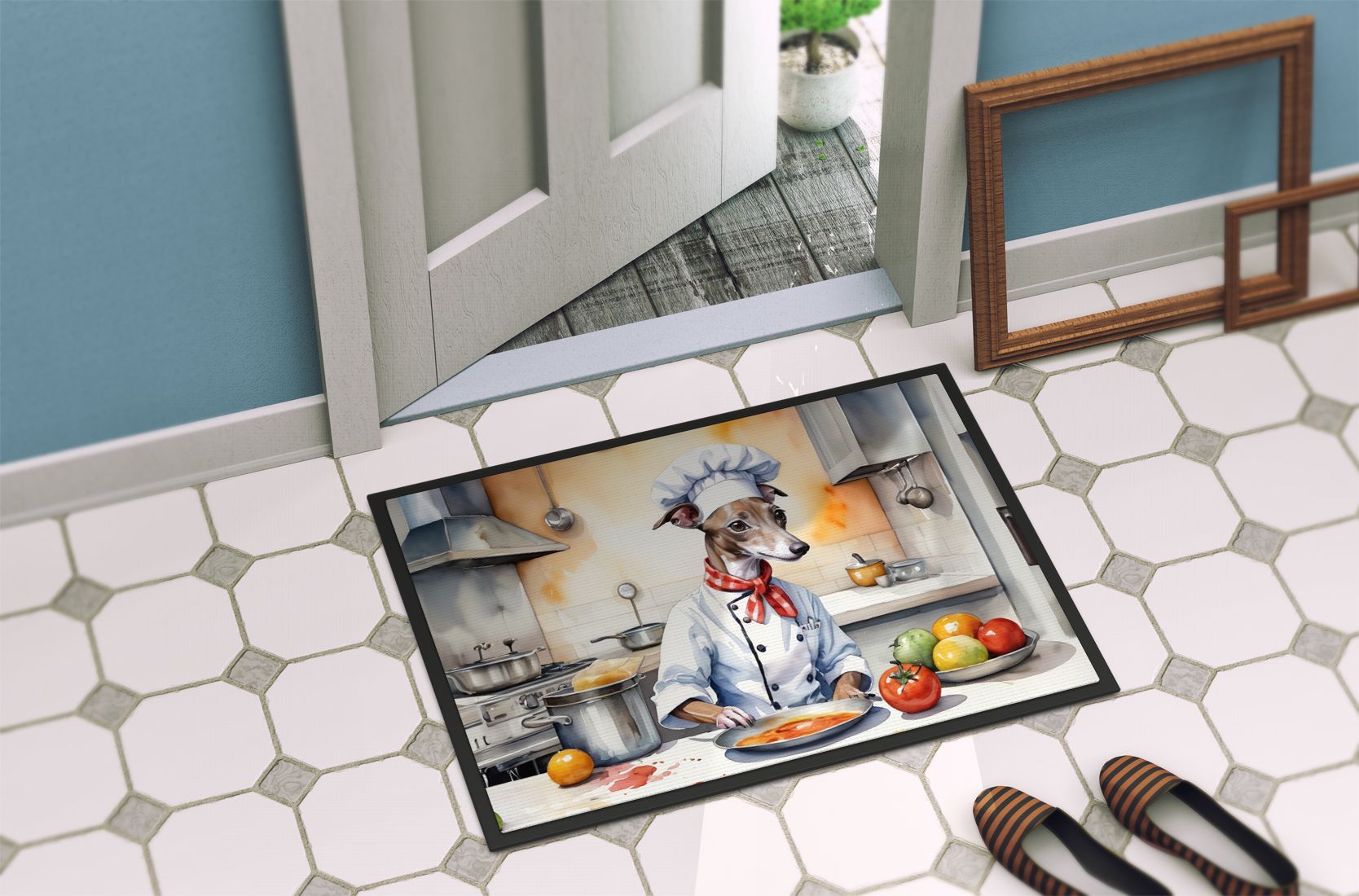 Italian Greyhound The Chef Doormat Front Door Mat Indoor Outdoor Rugs for Entryway, Non Slip Washable Low Pile, 24H X 36W