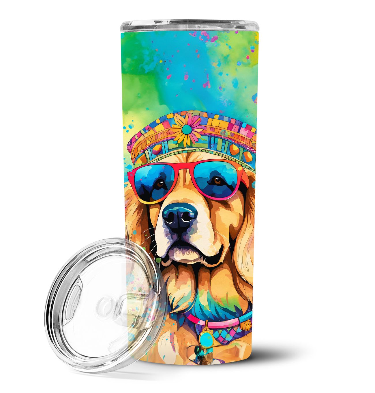 Golden Retriever Hippie Dawg Stainless Steel Skinny Tumbler Vacuum Double Walled Reusable Insulated Tumbler Travel Cup for Coffee Cocktails Gift with Lid, 20 oz