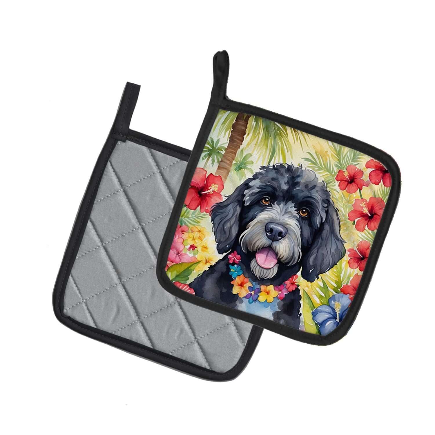 Portuguese Water Dog Luau Pair of Pot Holders Kitchen Heat Resistant Pot Holders Sets Oven Hot Pads for Cooking Baking BBQ, 7 1/2 x 7 1/2