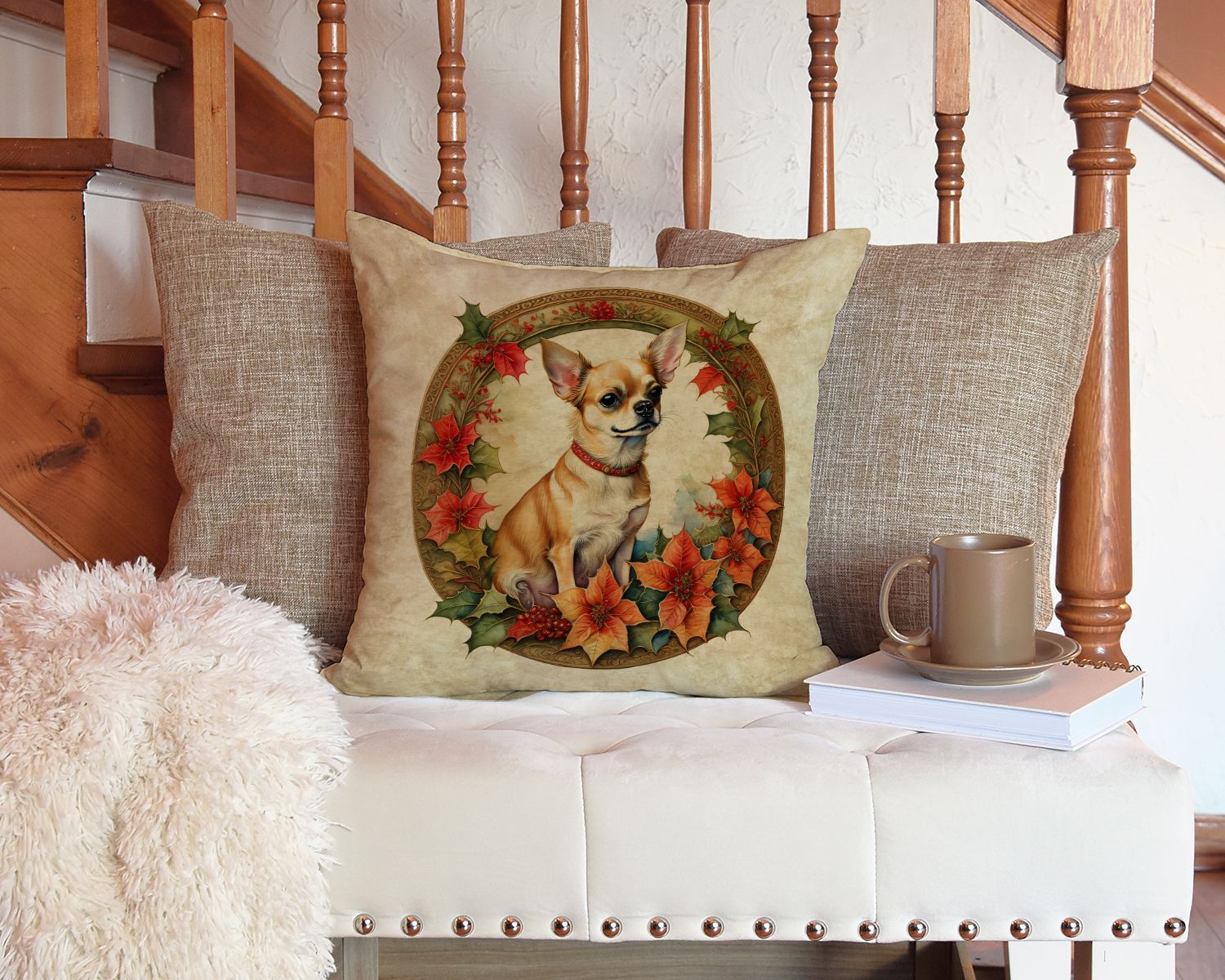 Chihuahua Christmas Flowers Throw Pillow Machine Washable, Indoor Outdoor Decorative Pillow for Couch, Bed or Patio, 14Hx14W