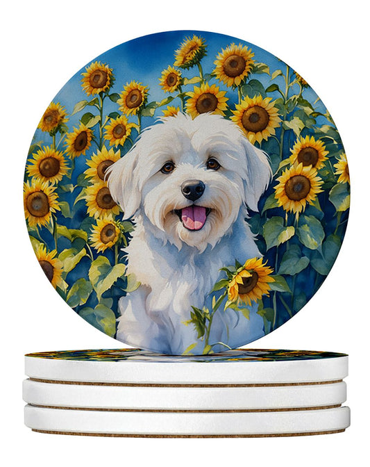 Coton de Tulear in Sunflowers Large Sandstone Coasters Pack of 4 Absorbent Round Coasters Decor Gifts for Men or Women, 4 in, Multicolor