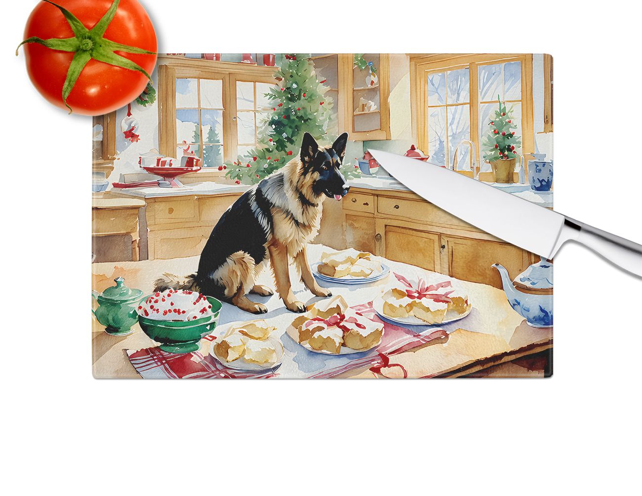 NEW German Shepherd Christmas Cookies Glass Cutting Board Decorative Tempered Glass Kitchen Cutting and Serving Board Large Size Chopping Board