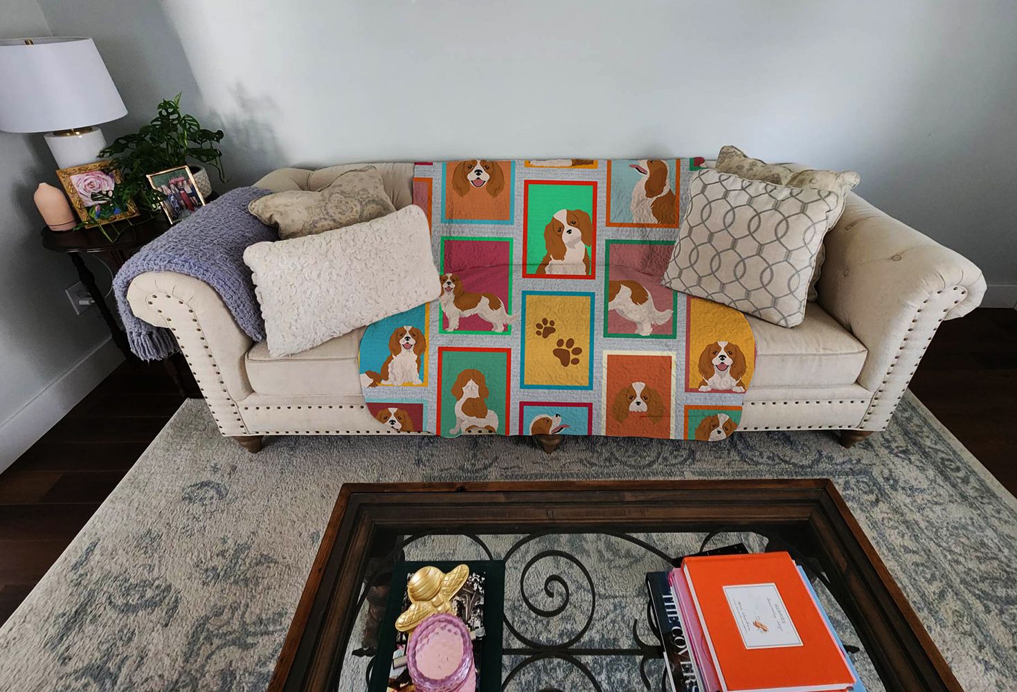 Lots of Blenheim Cavalier Spaniel Quilted Blanket 50x60 Artwork Pattern Quilted Throw Blanket for Bed, Couch, Sofa, Soft and Lightweight