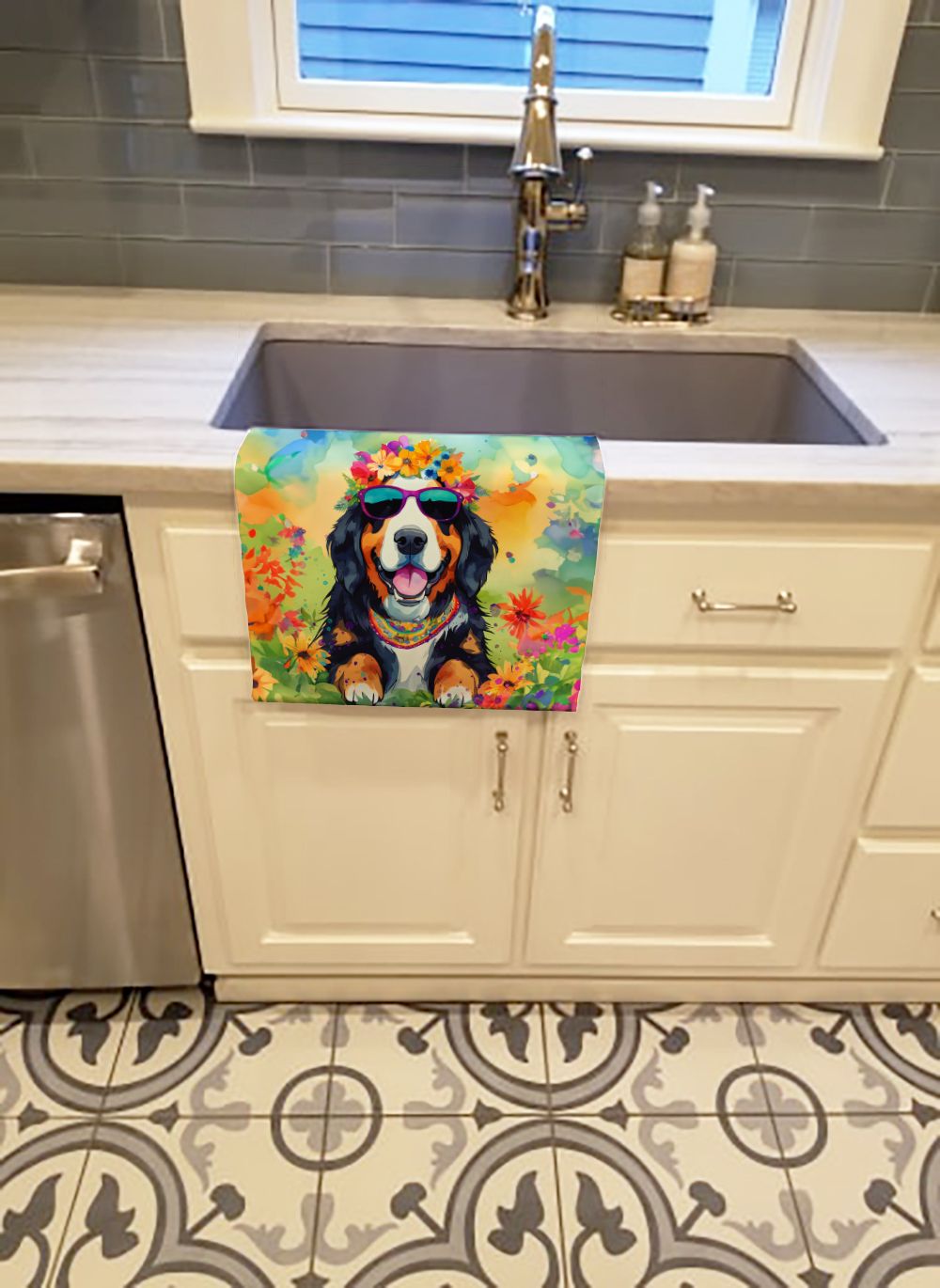 Bernese Mountain Dog Hippie Dawg Kitchen Towel Dish Cloths Guest Hand Towel Decorative Bathroom Towel for Face,Tea, Dishcloth, Kitchen and Bath
