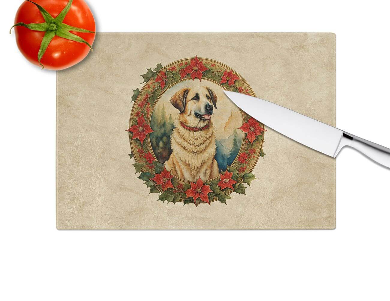 NEW Anatolian Shepherd Dog Christmas Flowers Glass Cutting Board Decorative Tempered Glass Kitchen Cutting and Serving Board Large Size Chopping Board