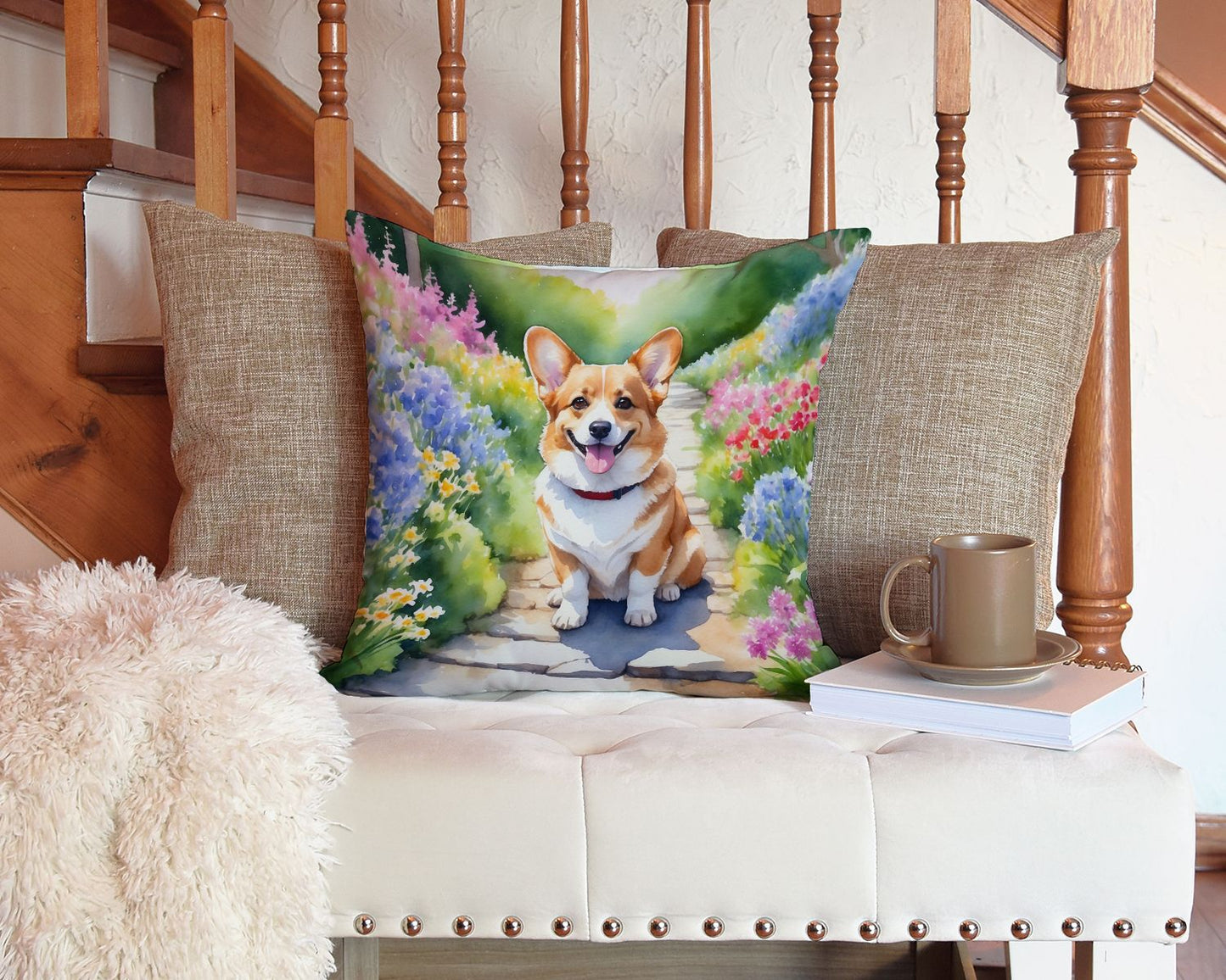 Corgi Spring Path Throw Pillow Machine Washable, Indoor Outdoor Decorative Pillow for Couch, Bed or Patio, 14Hx14W