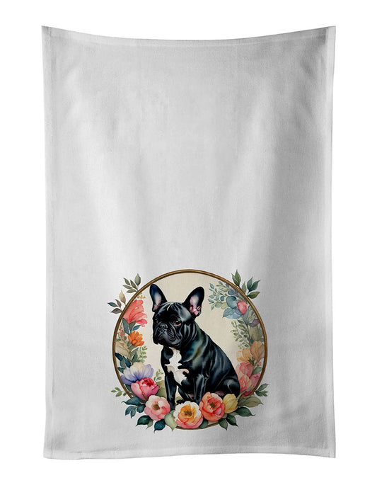 Black French Bulldog and Flowers Kitchen Towel Set of 2 White Dish Towels Decorative Bathroom Hand towel for Hand, Face, Hair, Yoga, Tea, Dishcloth, 19 X 28", White
