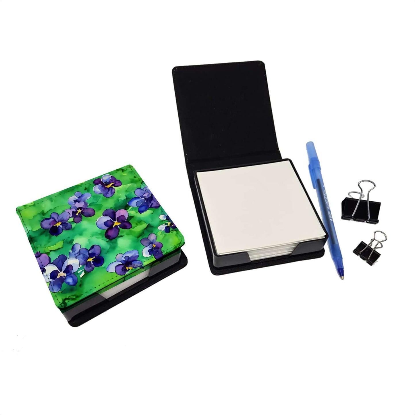 Wisconsin Wood Violets in Watercolor PU Leather Note Paper Holder with Artist-Designed Cover, Desk Accessory, Office Gift