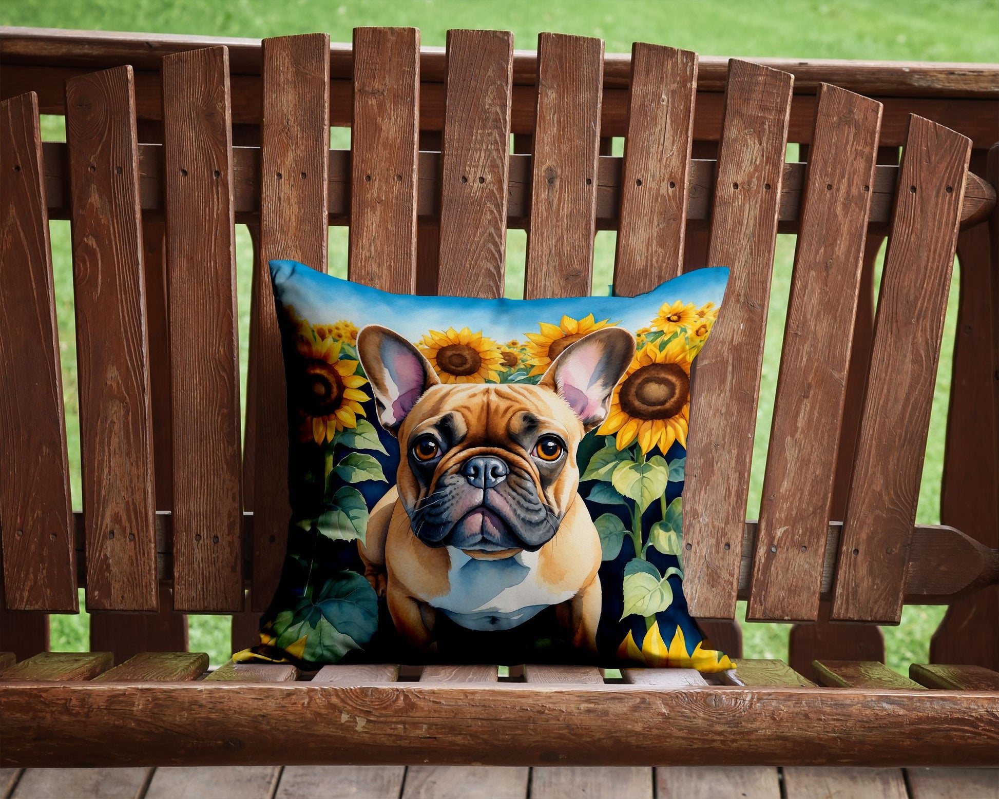 French Bulldog in Sunflowers Throw Pillow Machine Washable, Indoor Outdoor Decorative Pillow for Couch, Bed or Patio, 14Hx14W
