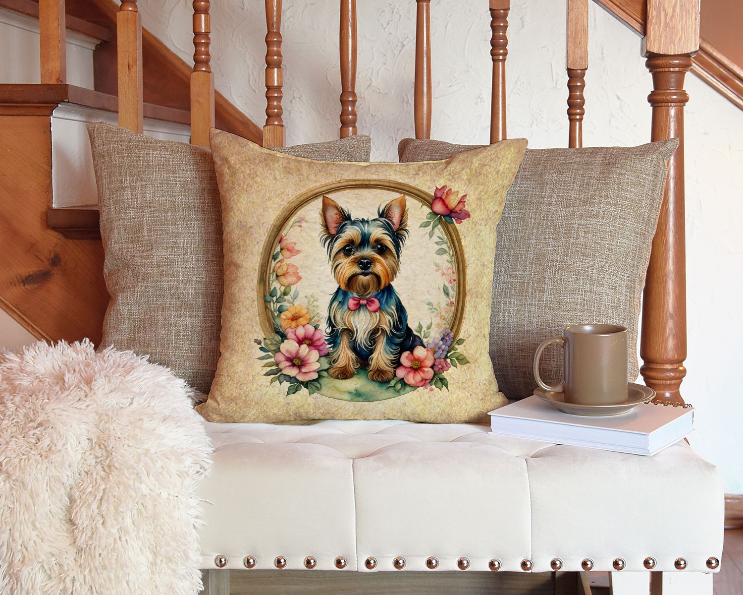 Yorkshire Terrier and Flowers Throw Pillow Machine Washable, Indoor Outdoor Decorative Pillow for Couch, Bed or Patio, 14Hx14W