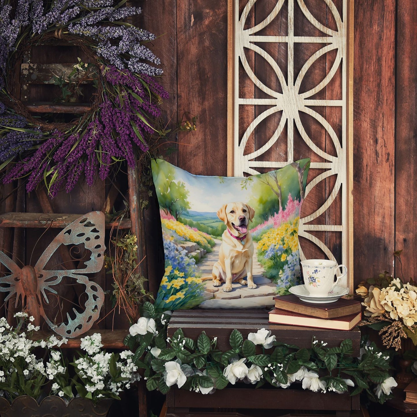 Labrador Retriever Spring Path Throw Pillow Machine Washable, Indoor Outdoor Decorative Pillow for Couch, Bed or Patio, 18Hx18W