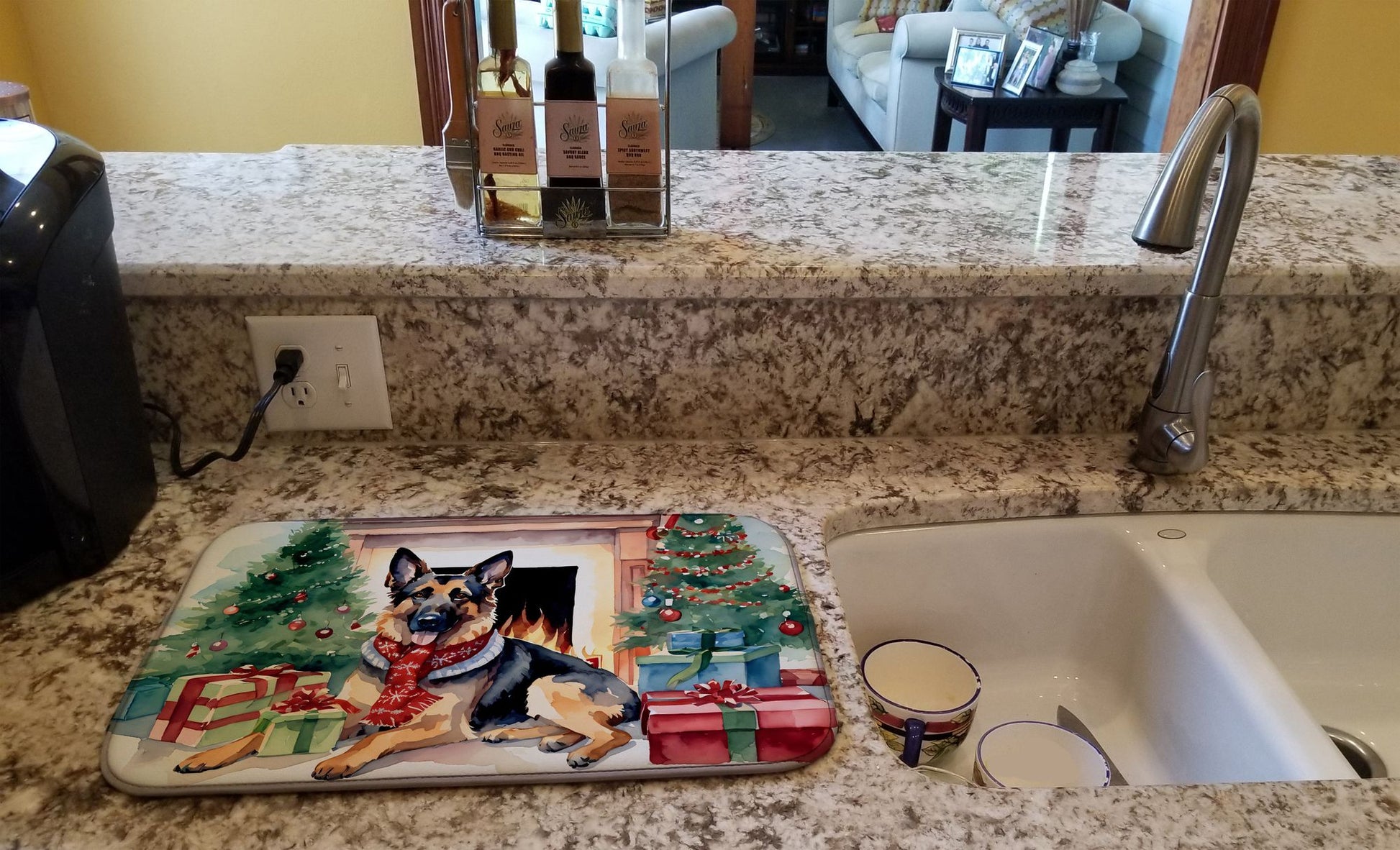 German Shepherd Cozy Christmas Dish Drying Mat Absorbent Dish Drying Mat Pad for Kitchen Counter Dish Drainer Mat for Countertop, 14 x 21", Multicolor