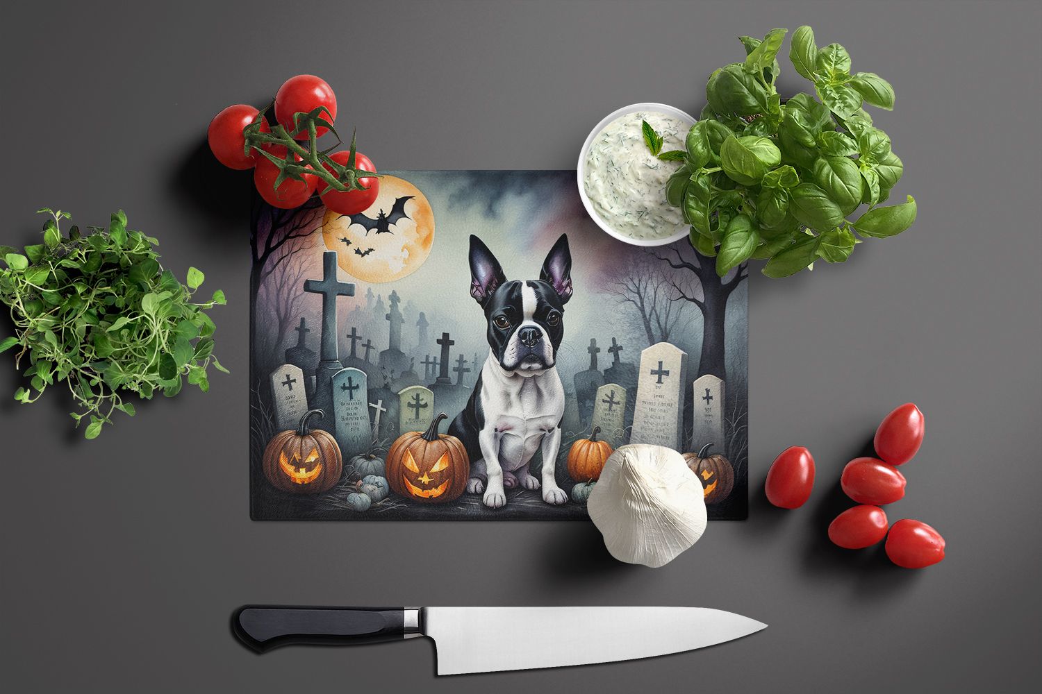 NEW Boston Terrier Spooky Halloween Glass Cutting Board Decorative Tempered Glass Kitchen Cutting and Serving Board Large Size Chopping Board