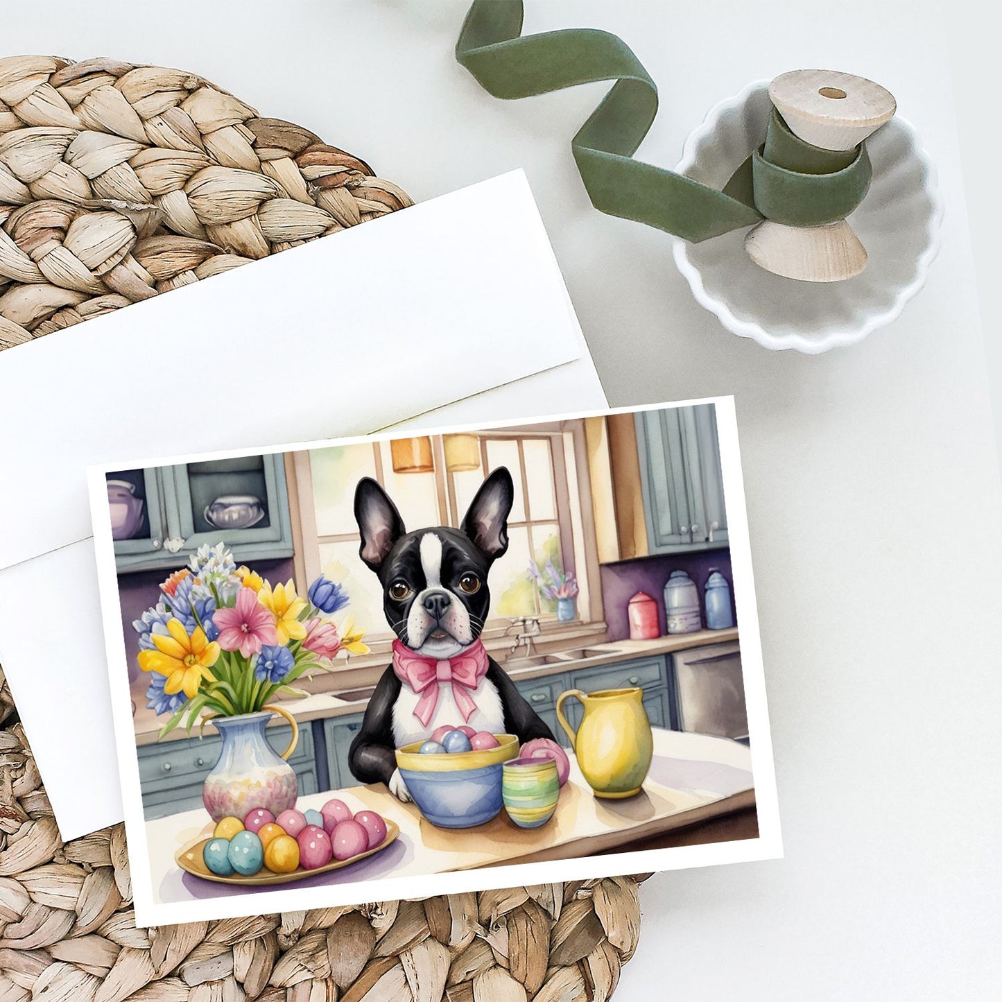 Decorating Easter Boston Terrier Greeting Cards Pack of 8 Blank Cards with Envelopes Whimsical A7 Size 5x7 Blank Note Cards