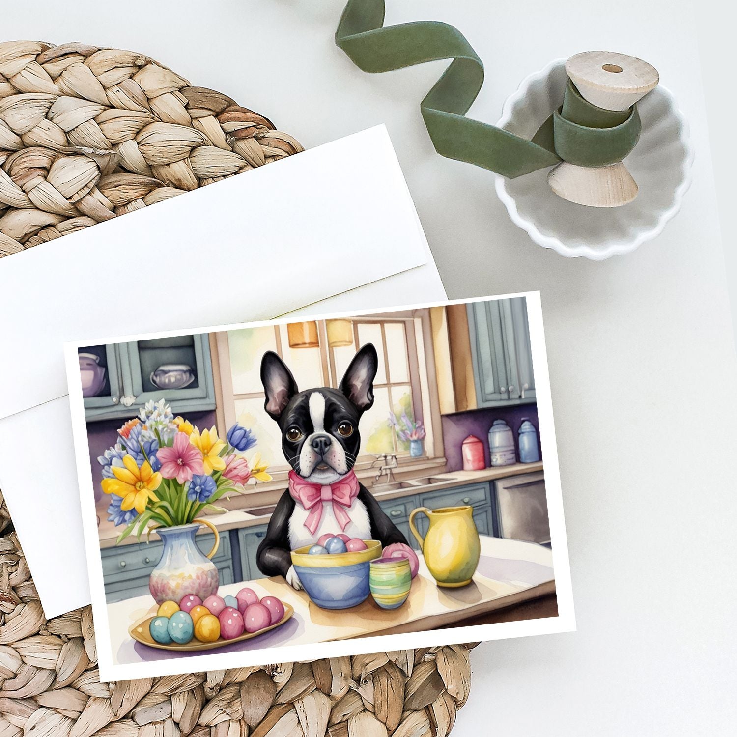Decorating Easter Boston Terrier Greeting Cards Pack of 8 Blank Cards with Envelopes Whimsical A7 Size 5x7 Blank Note Cards