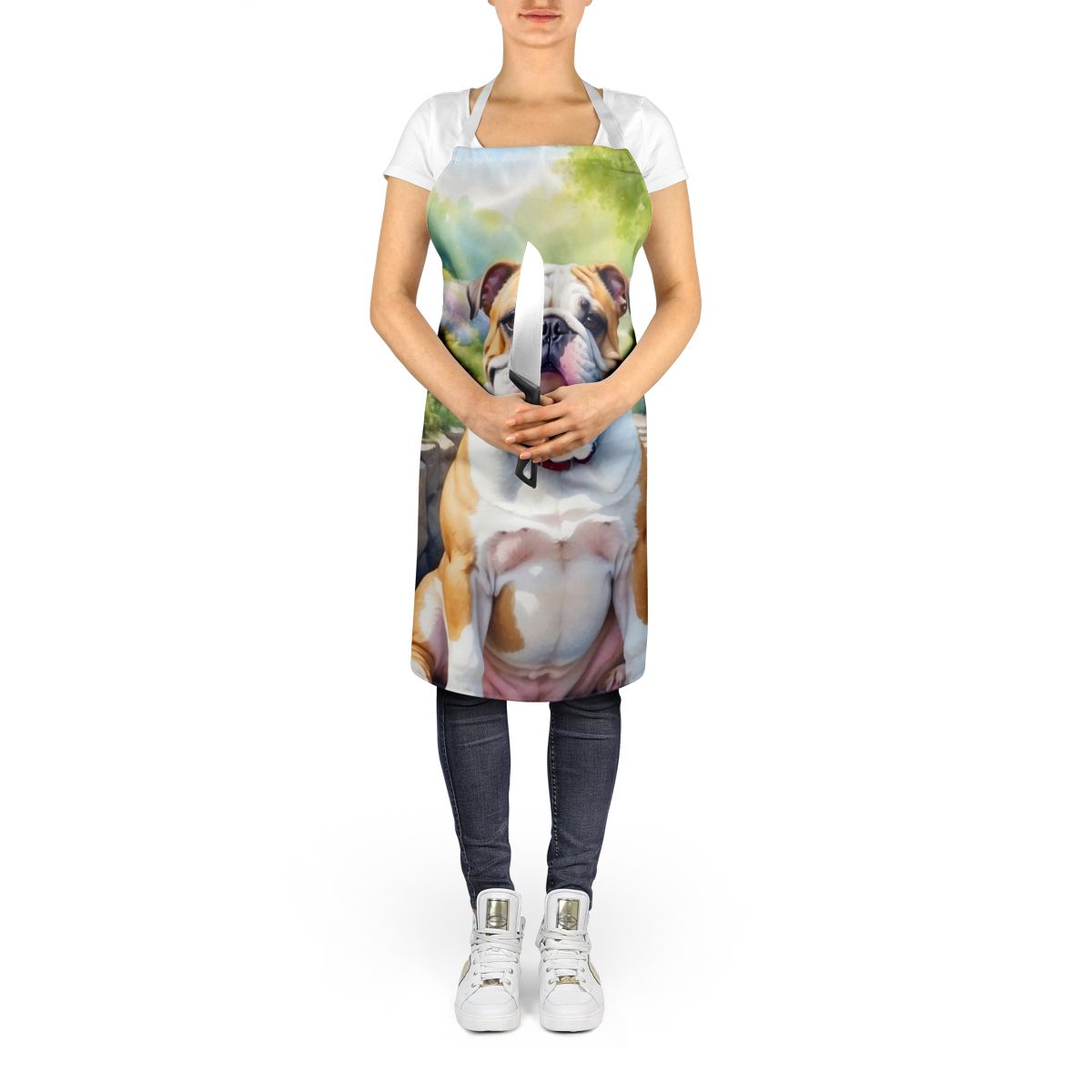 English Bulldog Spring Path Apron Cooking Kitchen Server Baking Crafts Gardening for Adult Women Men, Unisex, Large, Multicolor