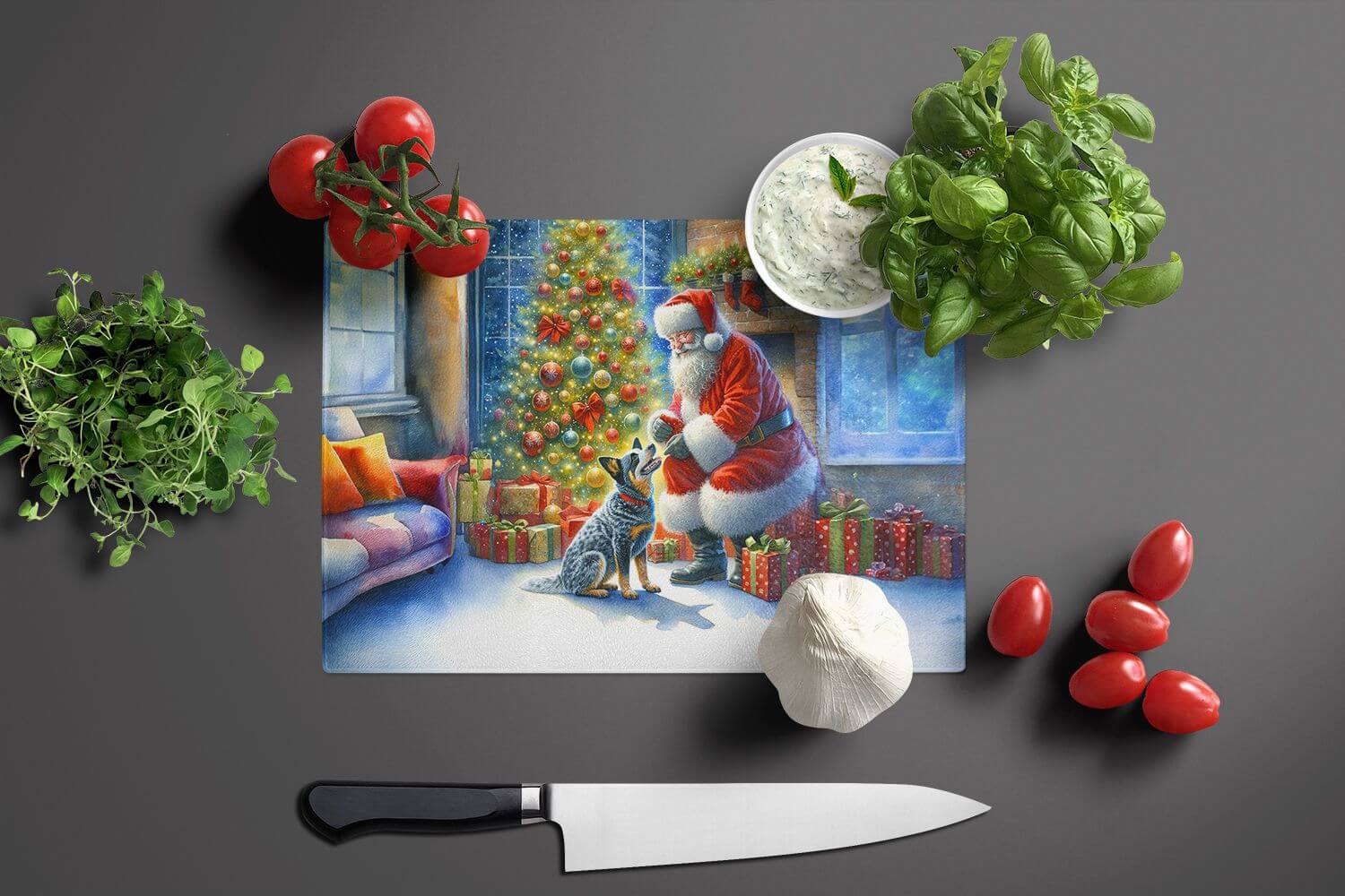 Australian Cattle Dog and Santa Claus Glass Cutting Board Decorative Tempered Glass Kitchen Cutting and Serving Board Large Size Chopping Board