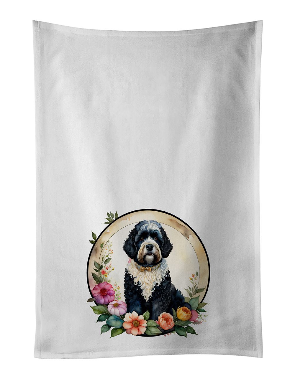 Portuguese Water Dog and Flowers Kitchen Towel Set of 2 White Dish Towels Decorative Bathroom Hand towel for Hand, Face, Hair, Yoga, Tea, Dishcloth, 19 X 28", White