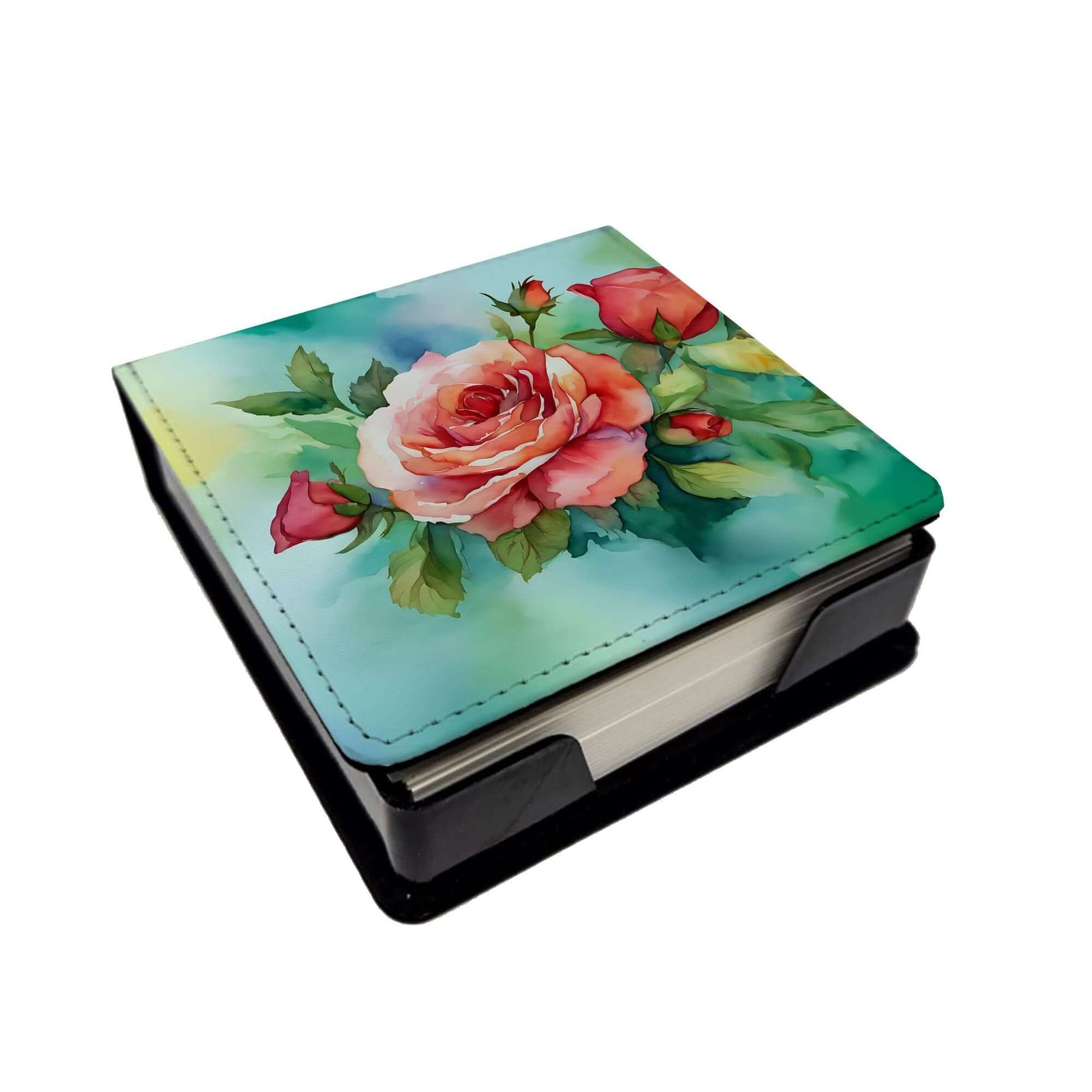 Oklahoma Roses in Watercolor PU Leather Note Paper Holder with Artist-Designed Cover, Desk Accessory, Office Gift