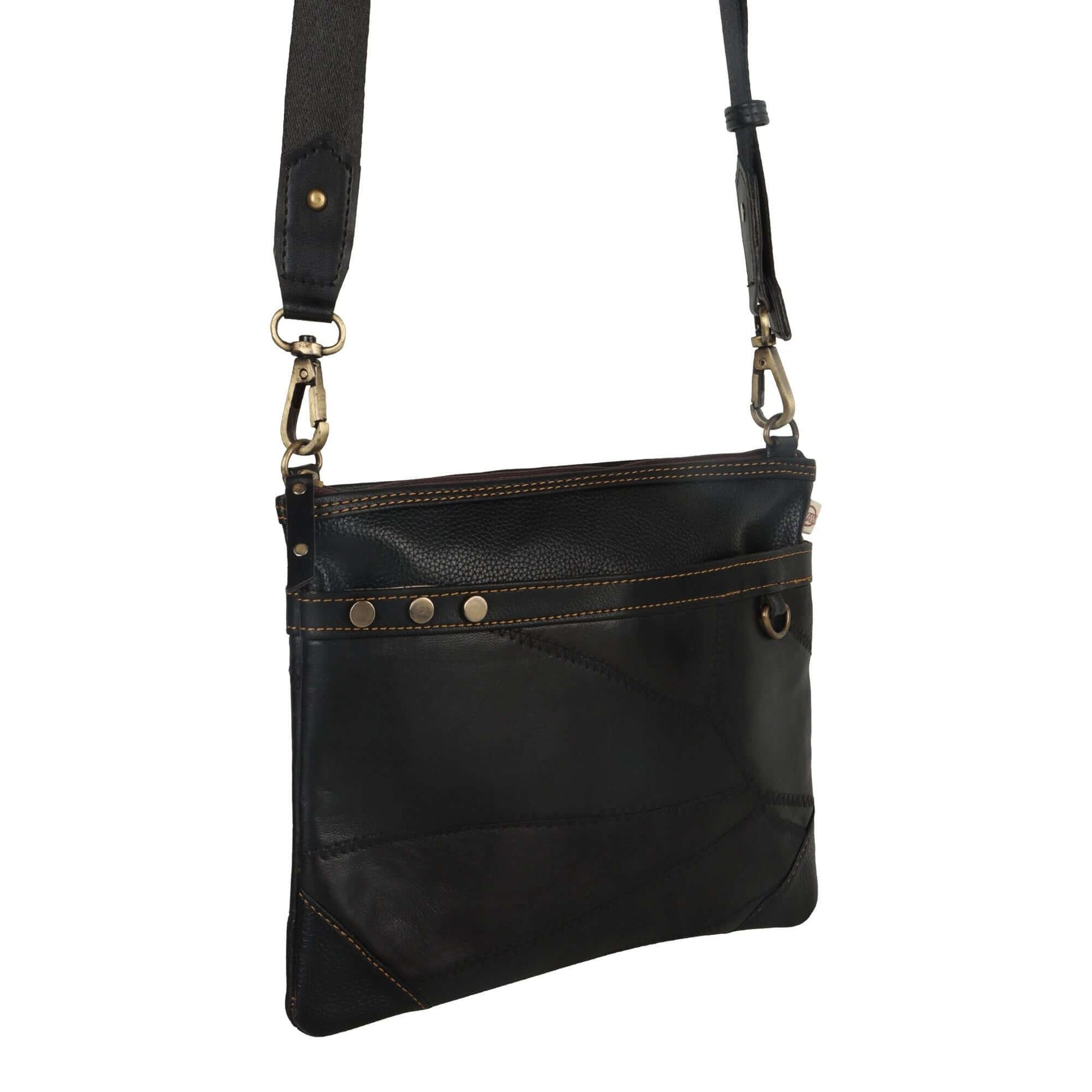 Brook Wide Crossbody Bag made with upcycled leather + premium vegan leather in Black