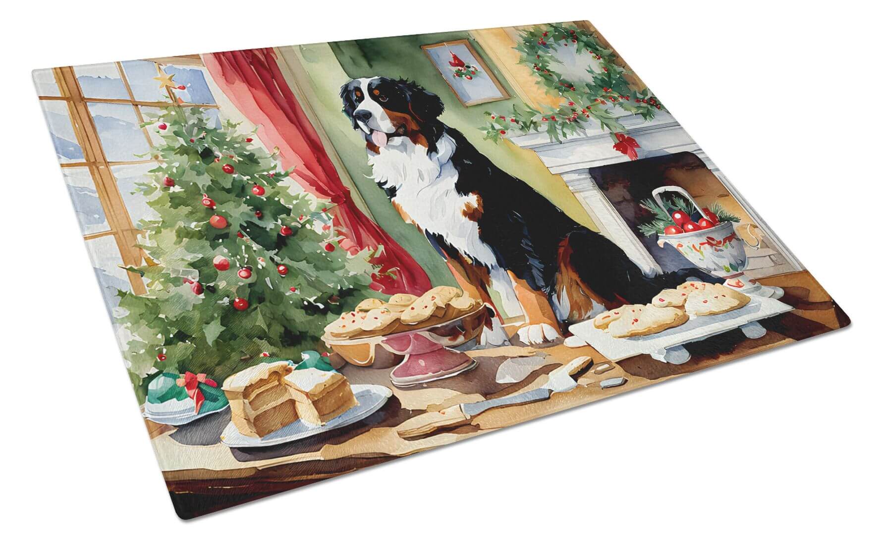 NEW Bernese Mountain Dog Christmas Cookies Glass Cutting Board Decorative Tempered Glass Kitchen Cutting and Serving Board Large Size Chopping Board