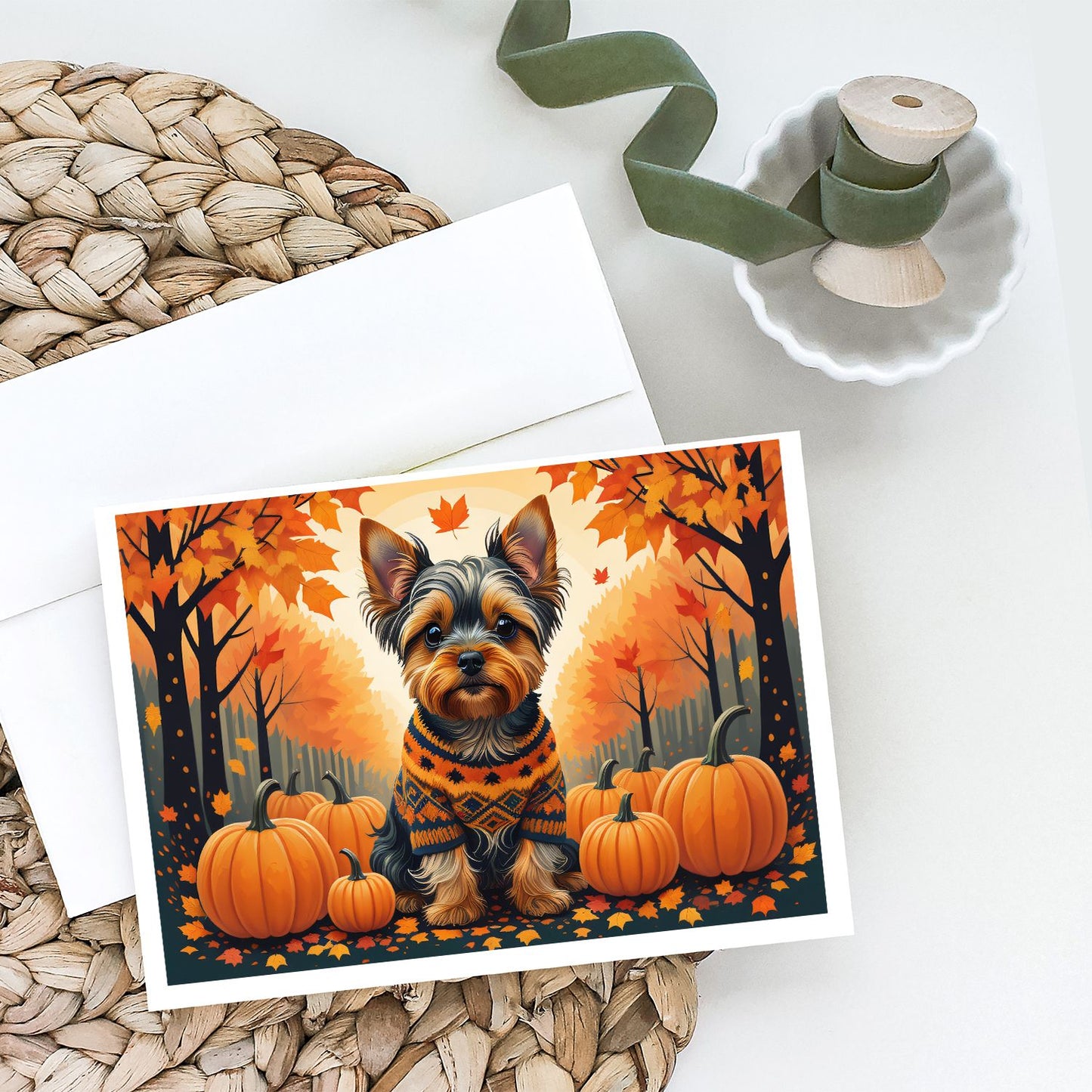 Yorkshire Terrier Fall Greeting Cards Pack of 8 Blank Cards with Envelopes Whimsical A7 Size 5x7 Blank Note Cards