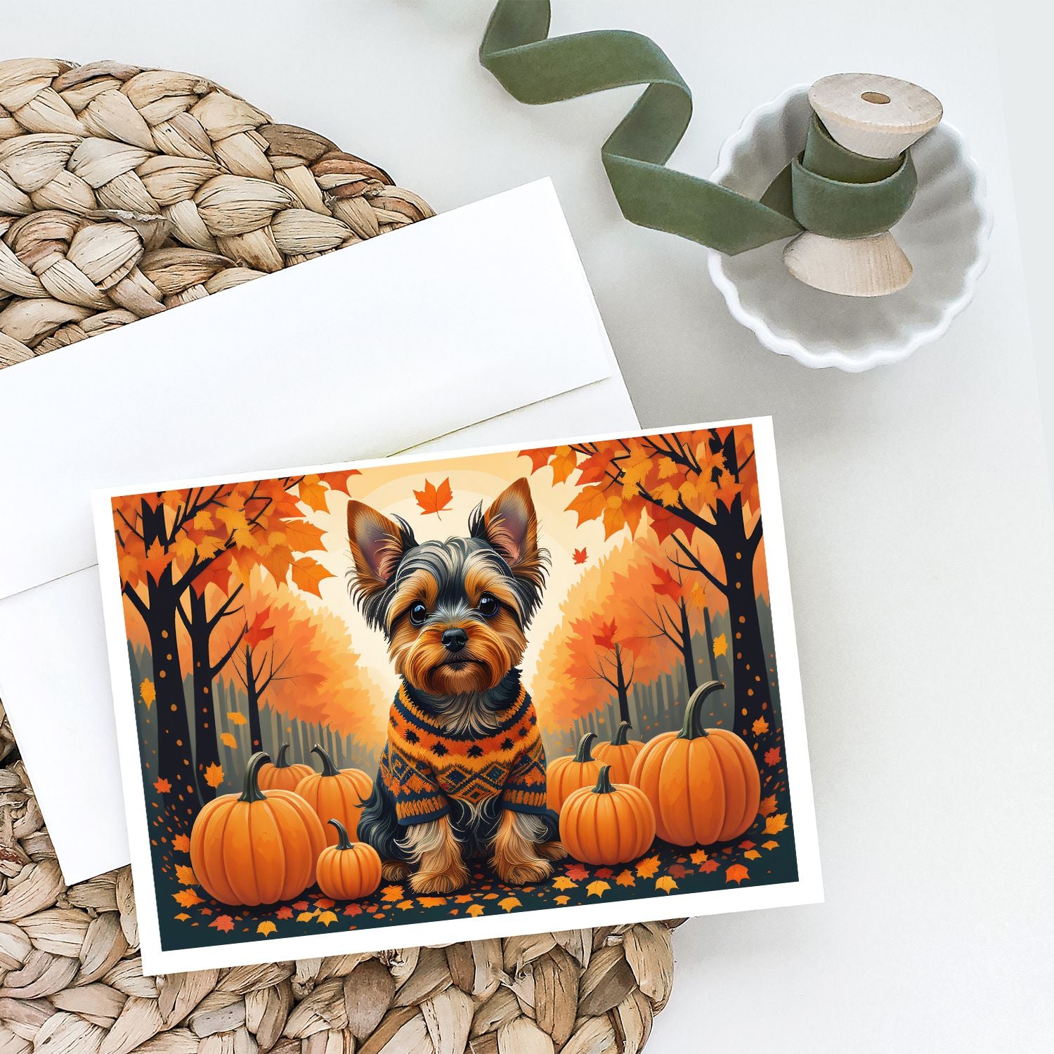Yorkshire Terrier Fall Greeting Cards Pack of 8 Blank Cards with Envelopes Whimsical A7 Size 5x7 Blank Note Cards