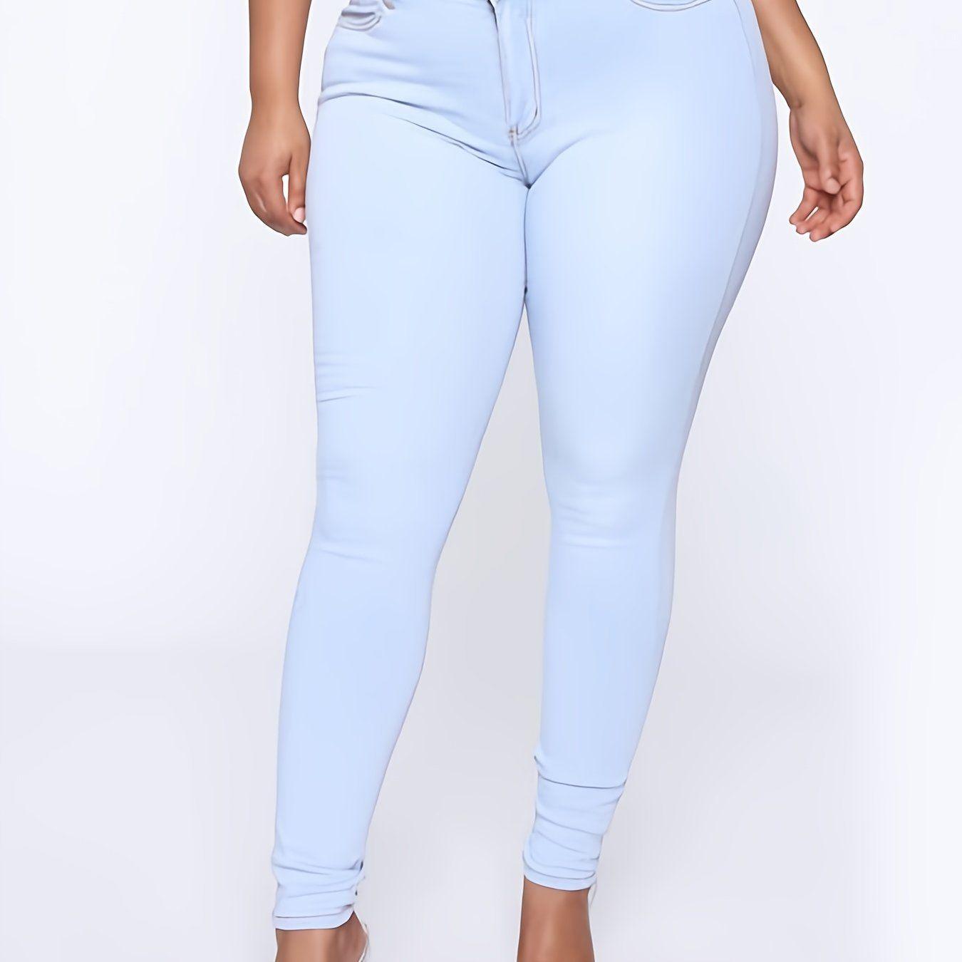 Plus Size High Rise Button Fly Skinny Jeans; Women's Plus Slight Stretch Casual Denim Skinny Pants