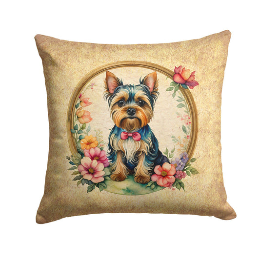Yorkshire Terrier and Flowers Throw Pillow Machine Washable, Indoor Outdoor Decorative Pillow for Couch, Bed or Patio, 14Hx14W