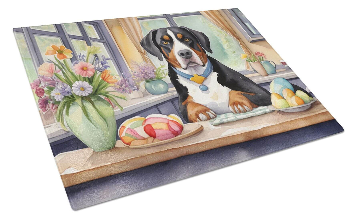 NEW Decorating Easter Greater Swiss Mountain Dog Glass Cutting Board Decorative Tempered Glass Kitchen Cutting and Serving Board Large Size Chopping Board