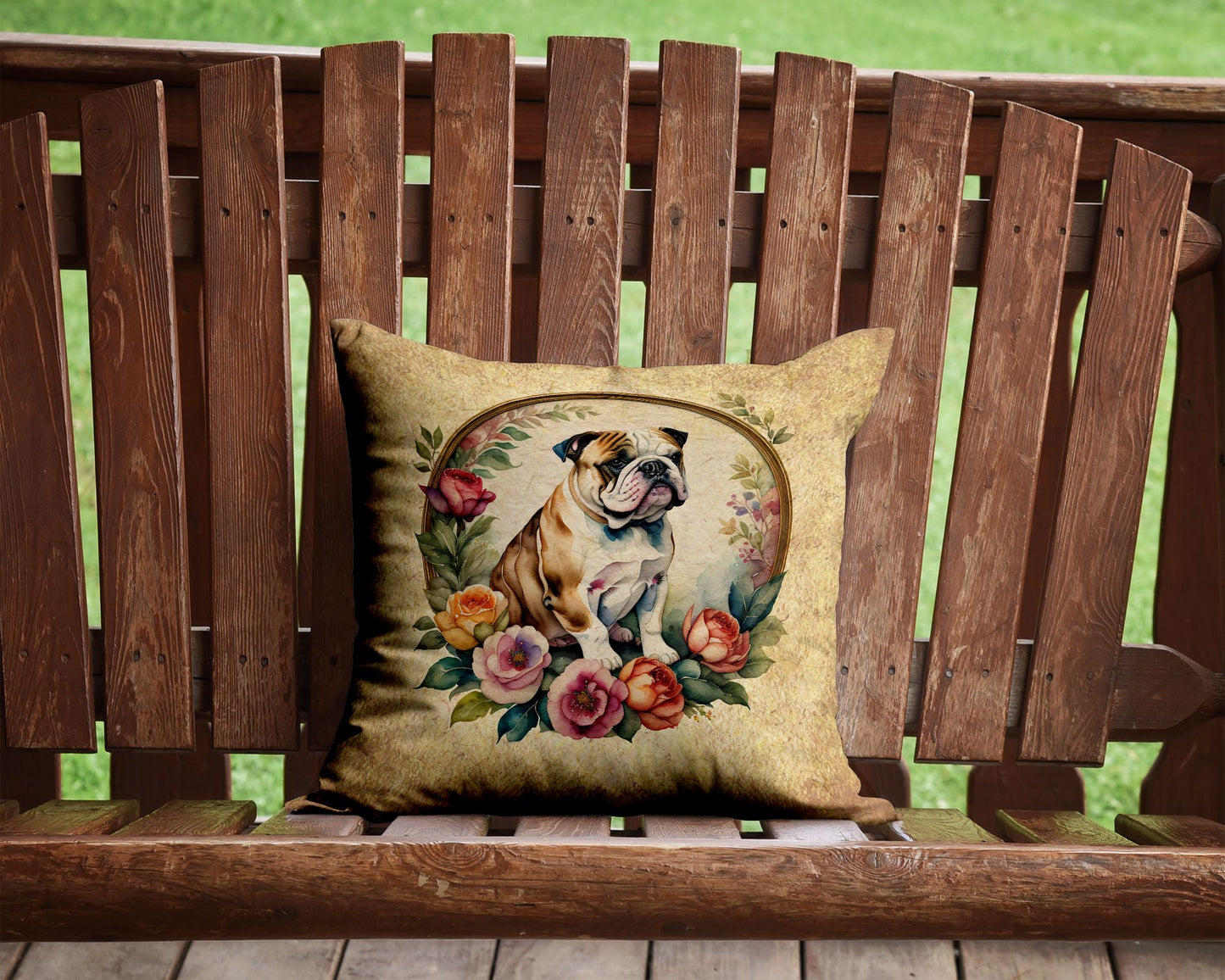 English Bulldog and Flowers Throw Pillow Machine Washable, Indoor Outdoor Decorative Pillow for Couch, Bed or Patio, 14Hx14W