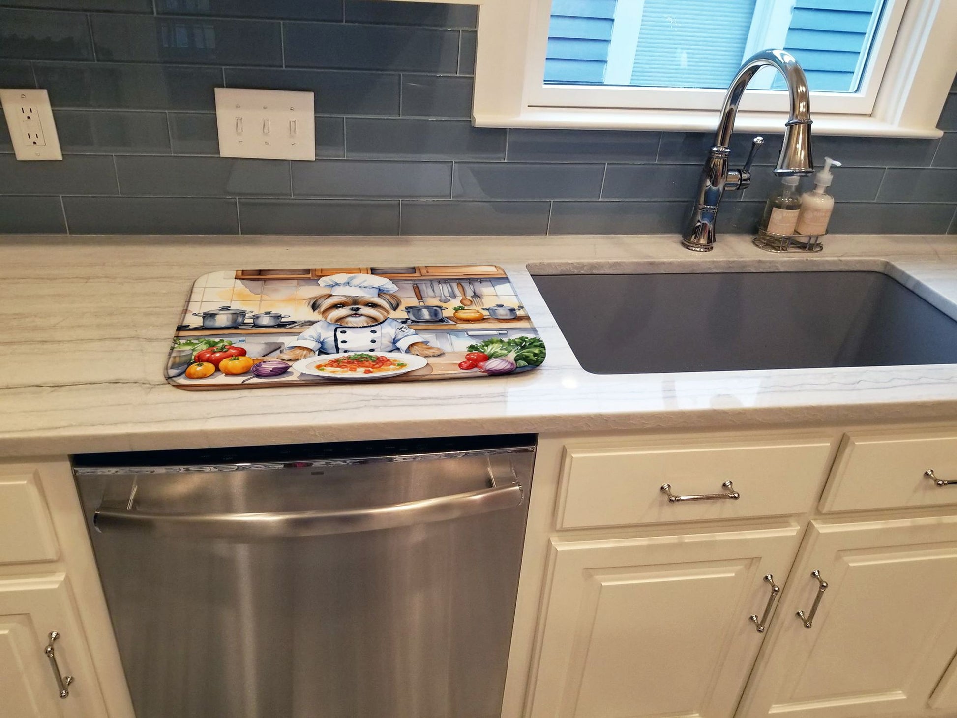 Lhasa Apso The Chef Dish Drying Mat Absorbent Dish Drying Mat Pad for Kitchen Counter Dish Drainer Mat for Countertop, 14 x 21", Multicolor