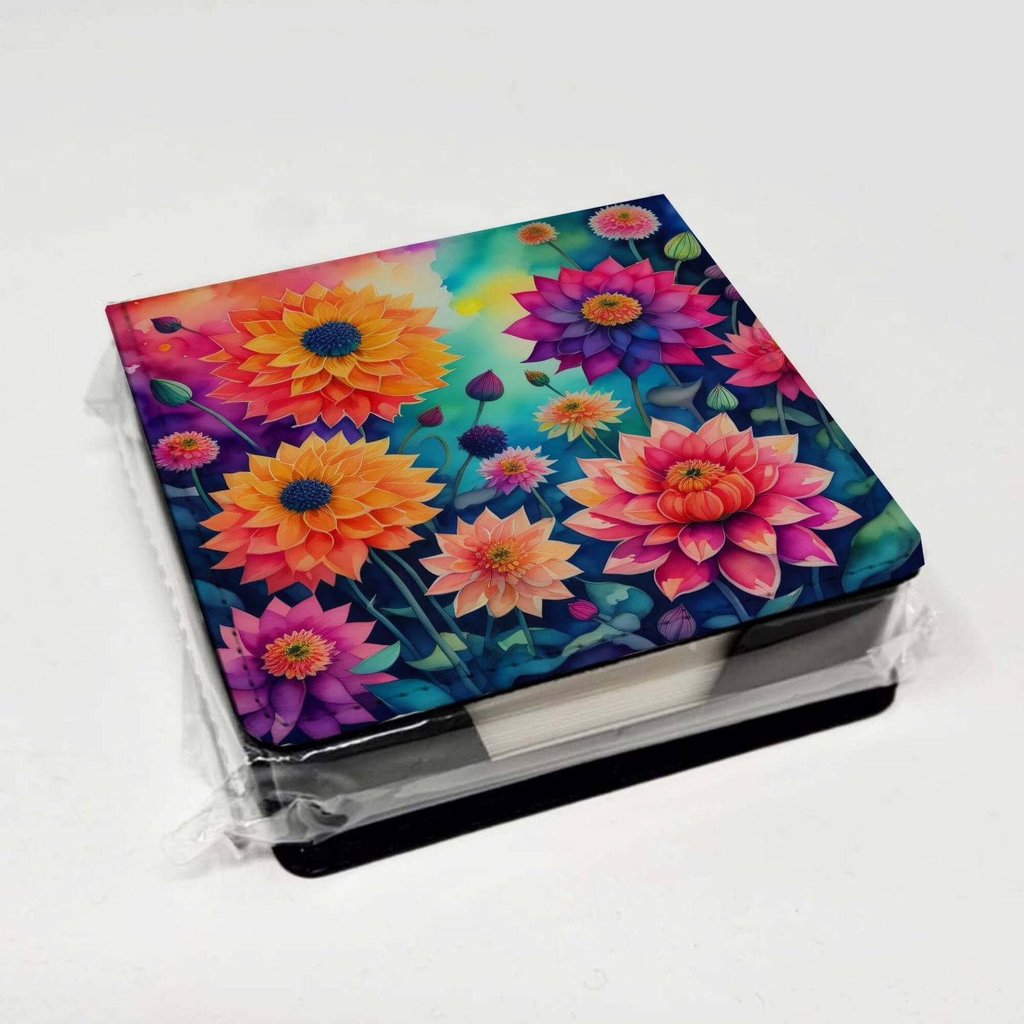 Colorful Dahlias PU Leather Note Paper Holder with Artist-Designed Cover, Desk Accessory, Office Gift