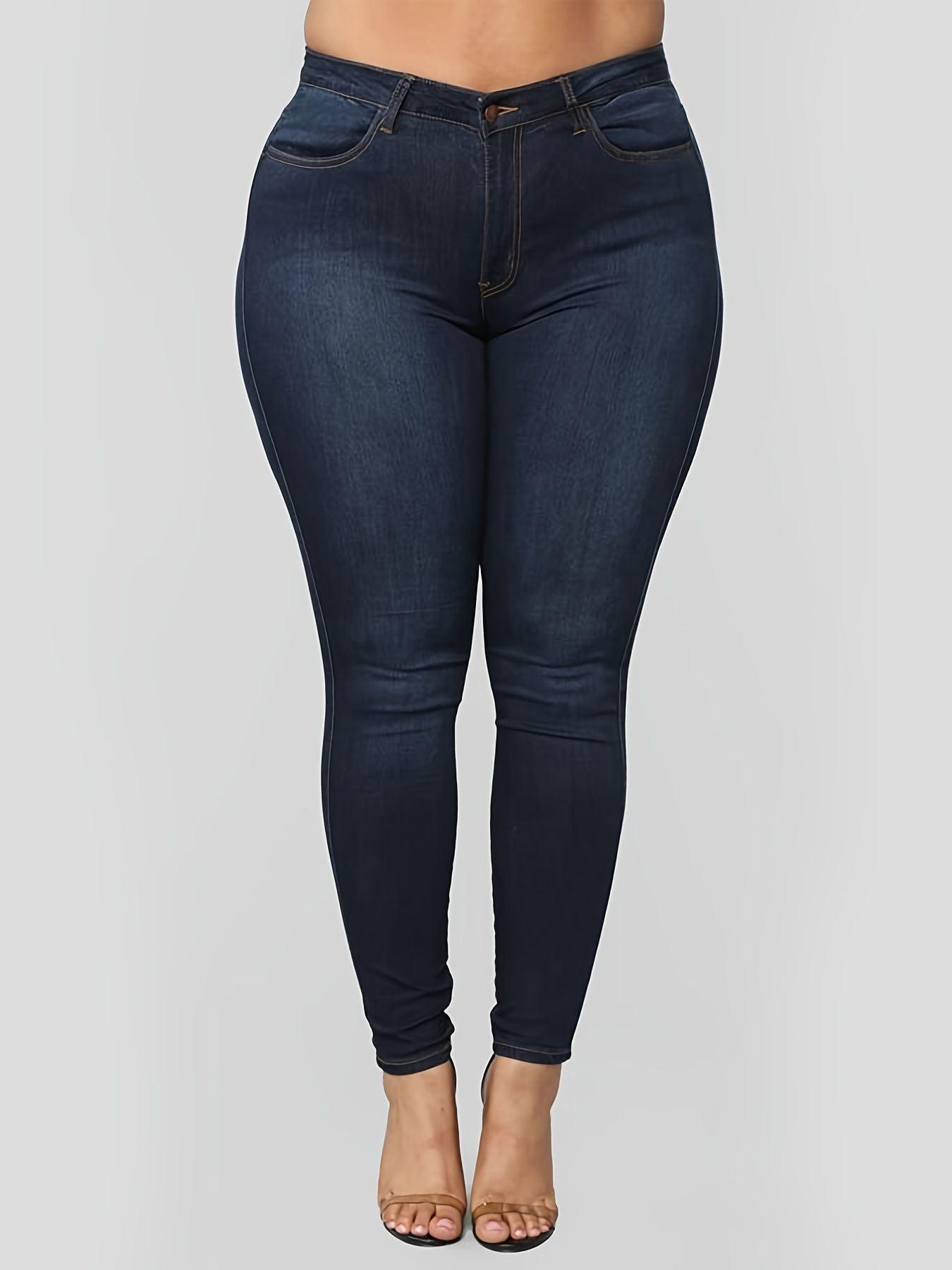 Plus Size High Rise Button Fly Skinny Jeans; Women's Plus Slight Stretch Casual Denim Skinny Pants