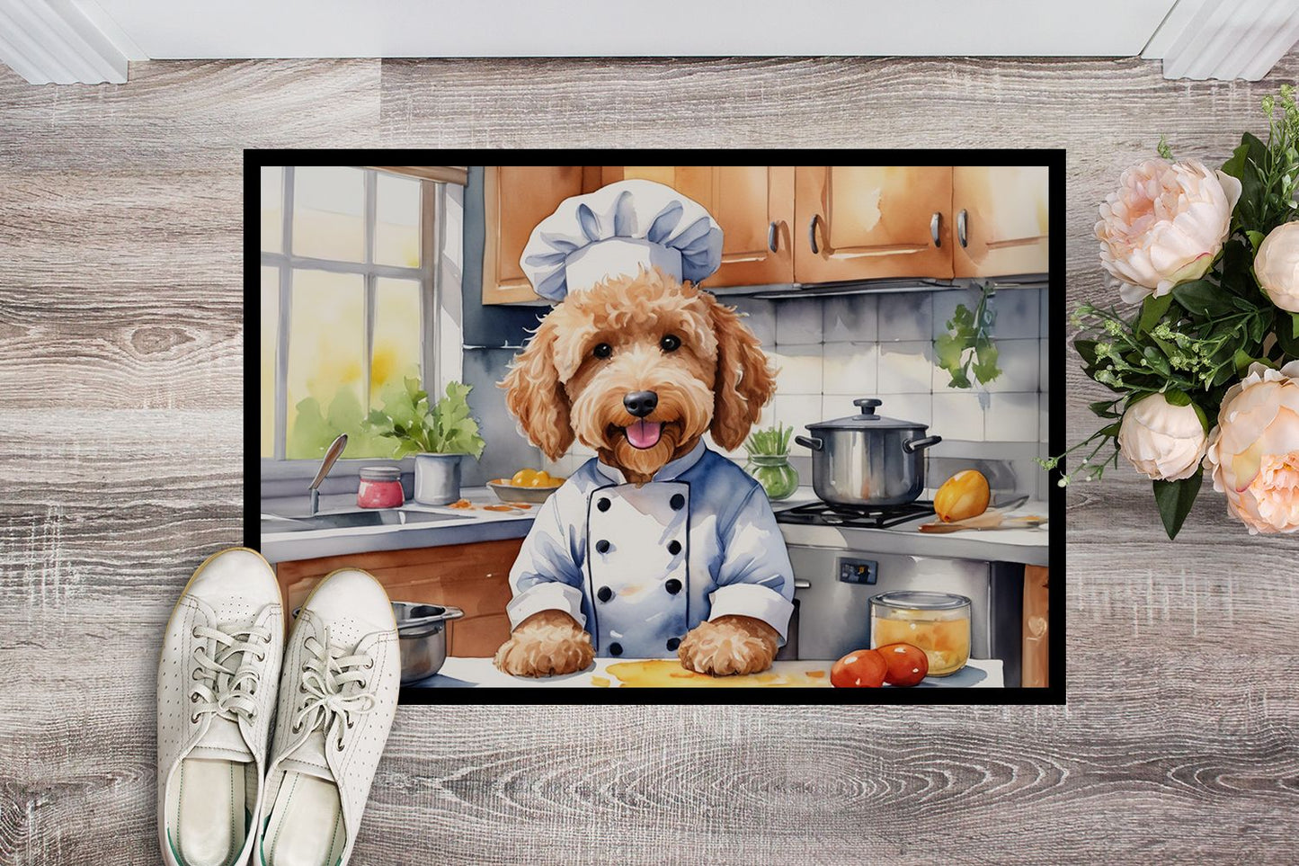 Goldendoodle The Chef Doormat Front Door Mat Indoor Outdoor Rugs for Entryway, Non Slip Washable Low Pile, 24H X 36W